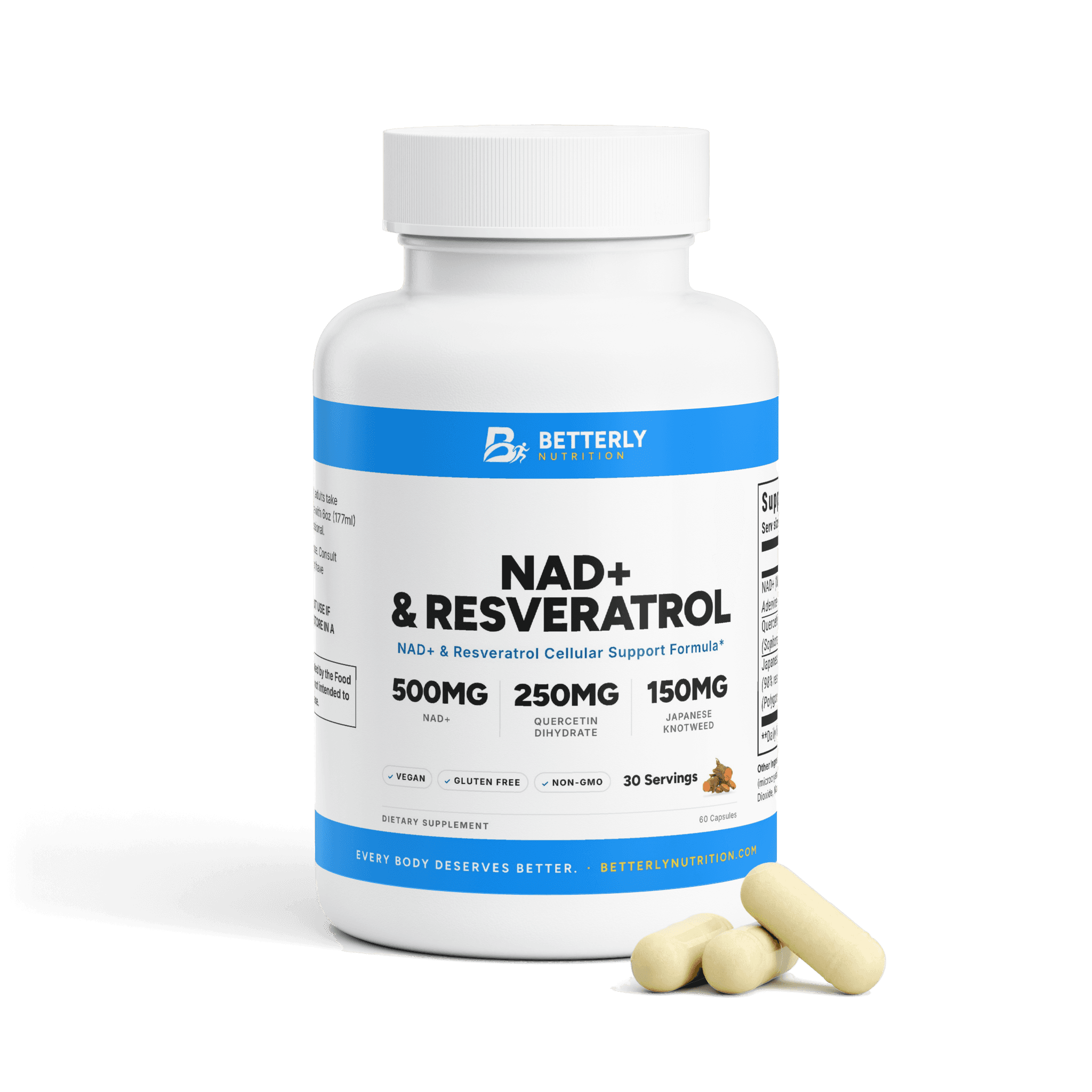 500mg NAD+ & Resveratrol Capsules, front label with the contents beside it