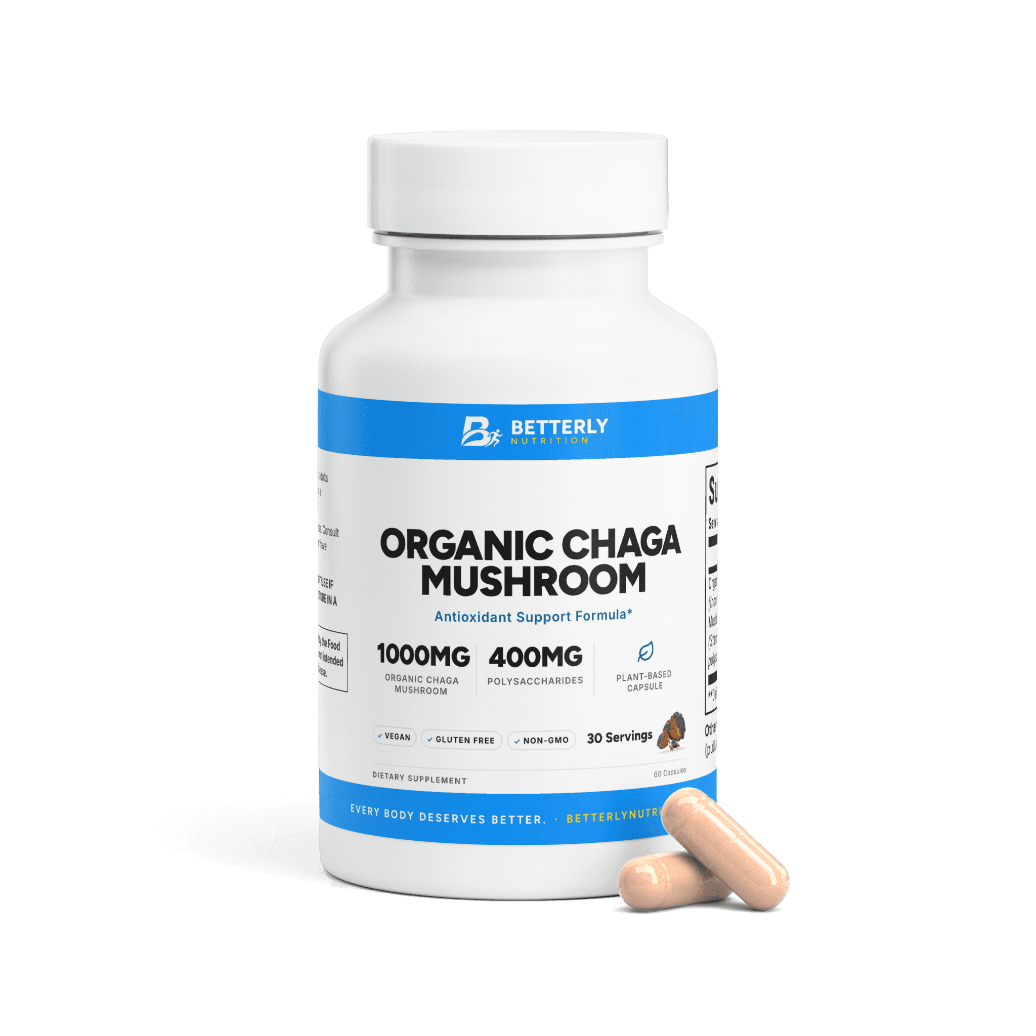 Organic Chaga Mushroom Capsules, front label with the contents beside it