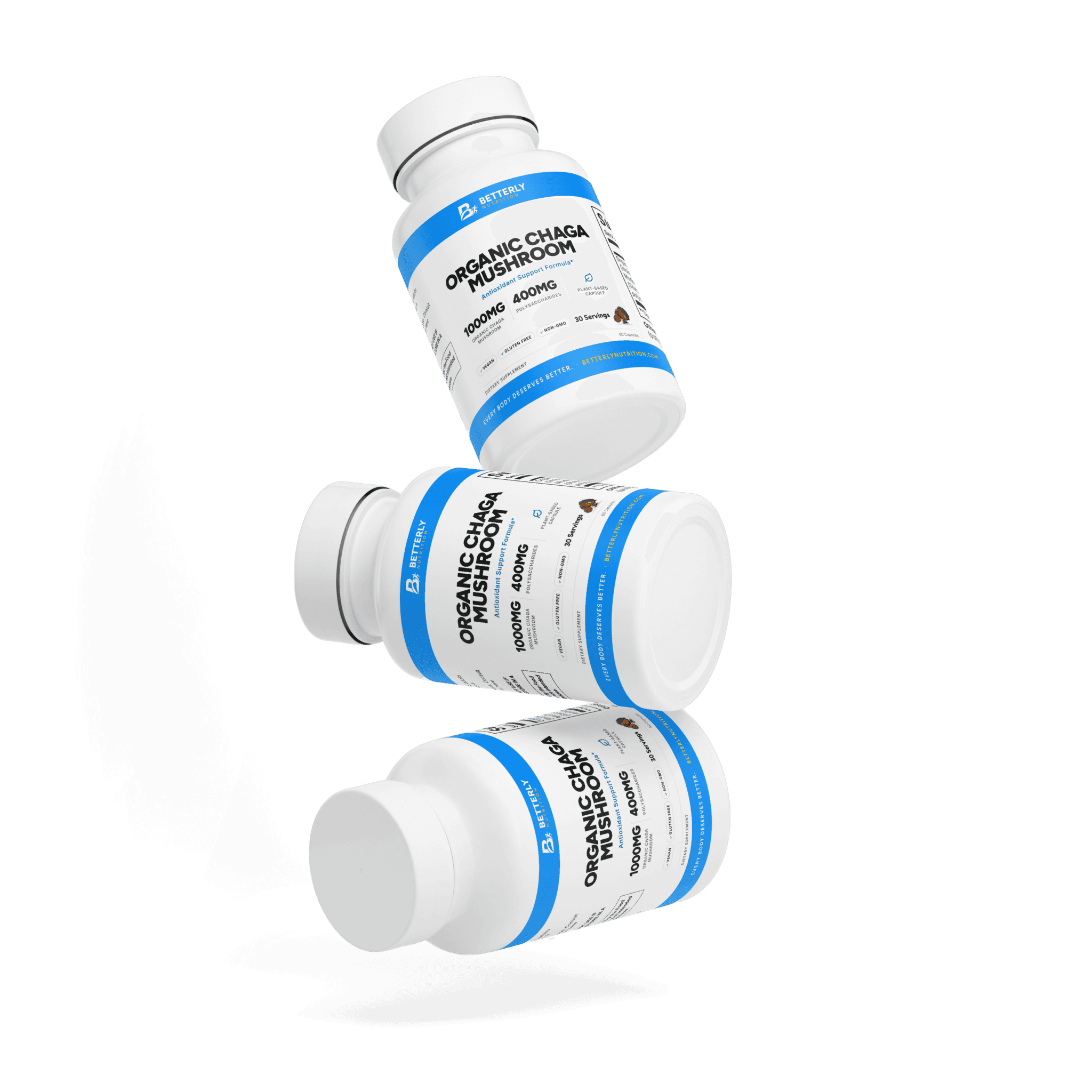 Organic Chaga Mushroom Capsules, stacked containers