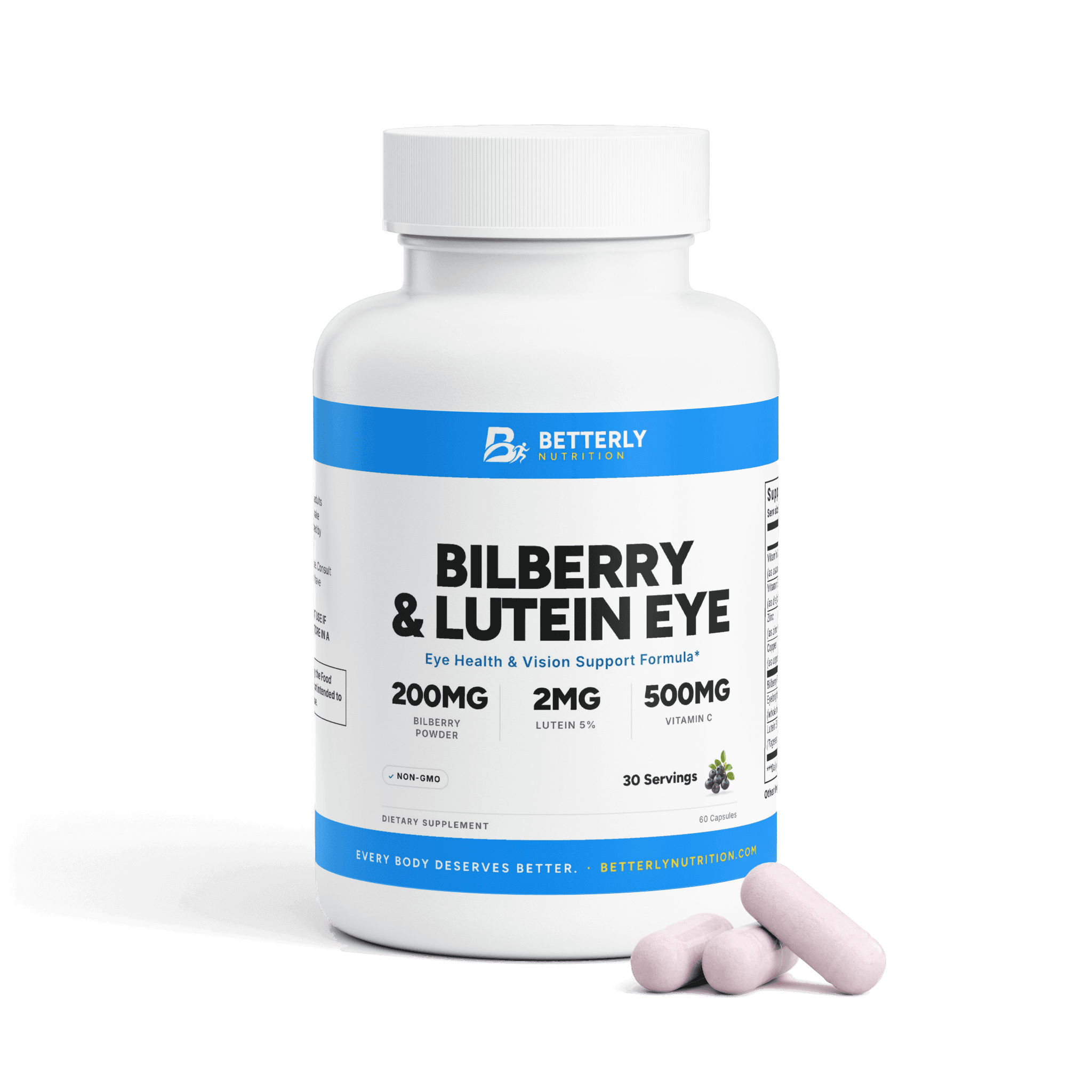Bilberry & Lutein Eye Capsules, front label with the contents beside it