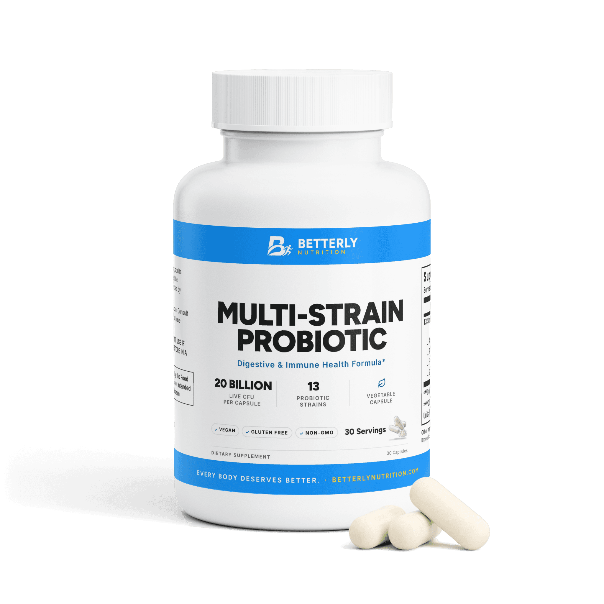 Multi-Strain Probiotic Capsules, front label with the contents beside it