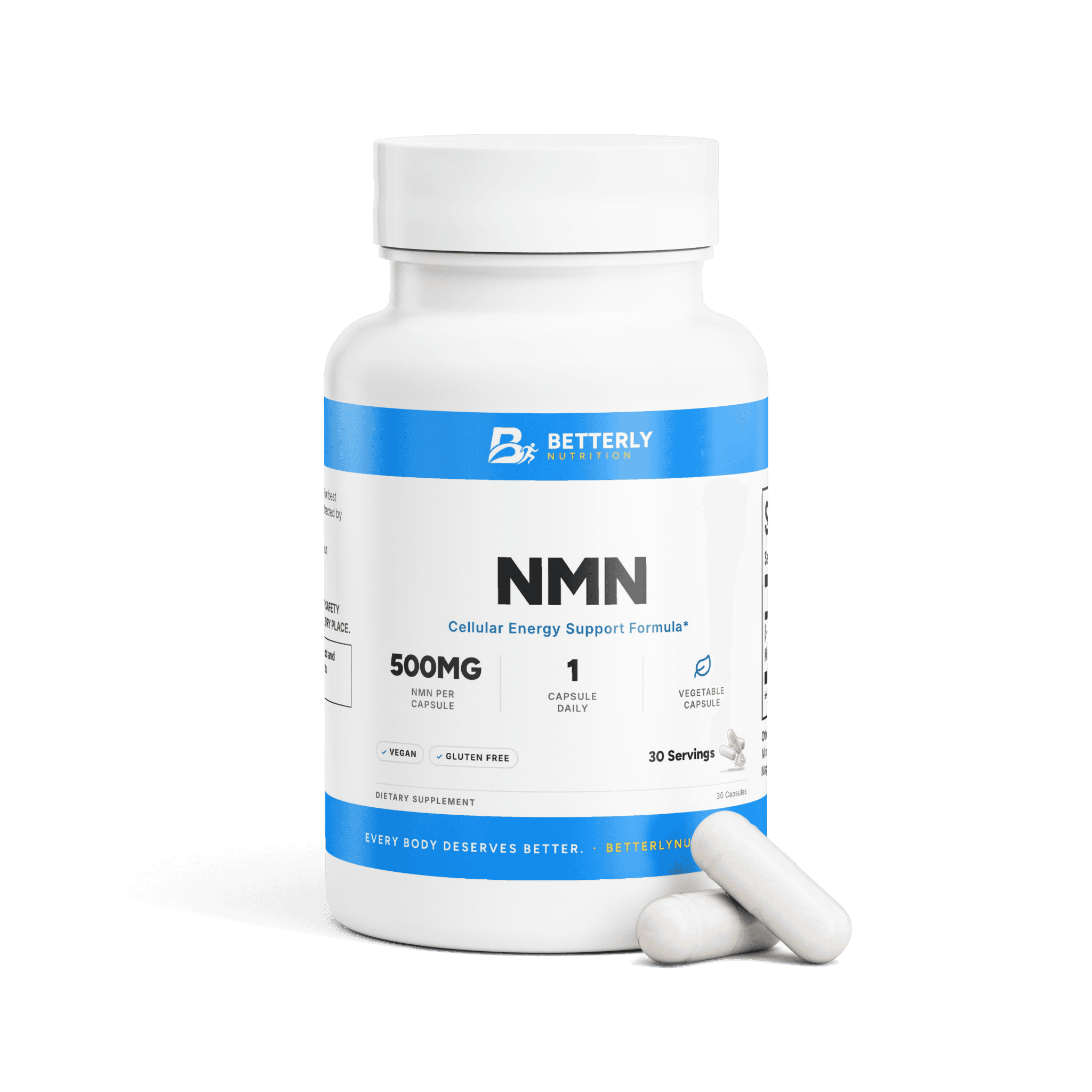 500mg NMN Capsules, front label with the contents beside it