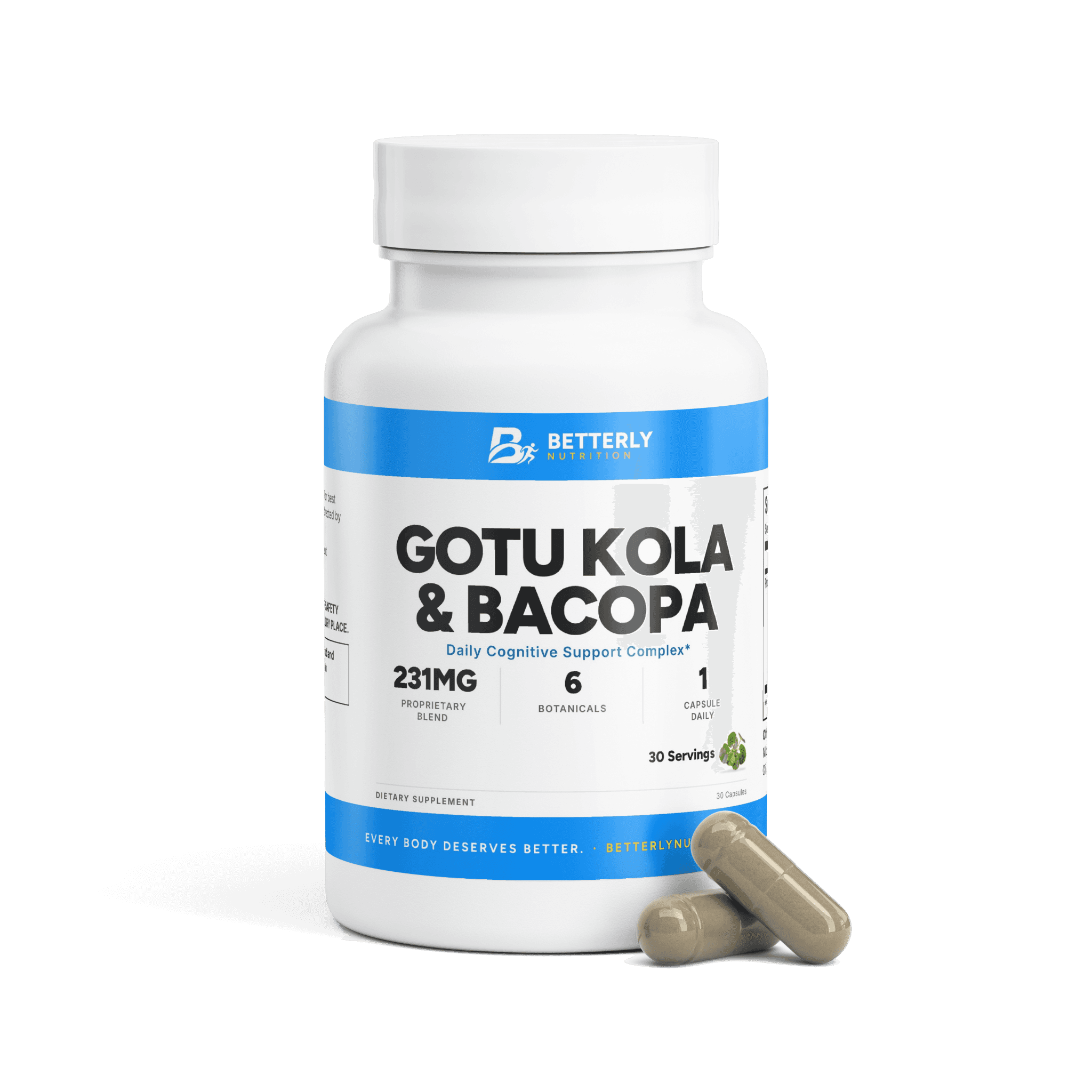 Gotu Kola & Bacopa Capsules, front label with the contents beside it