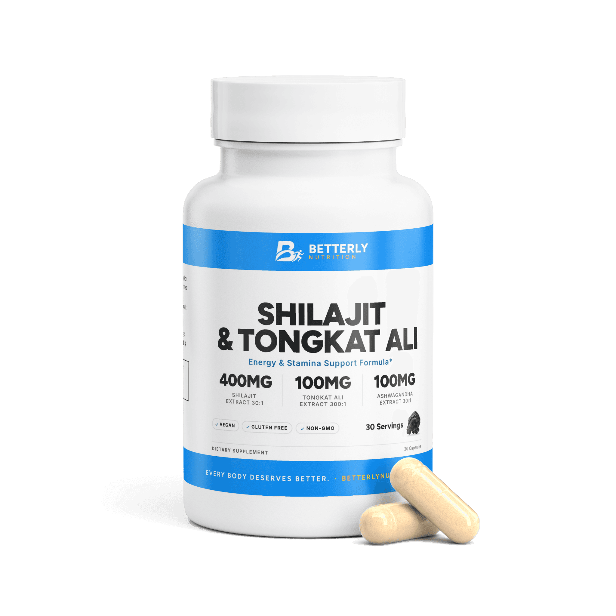 Shilajit & Tongkat Ali Capsules, front label with the contents beside it