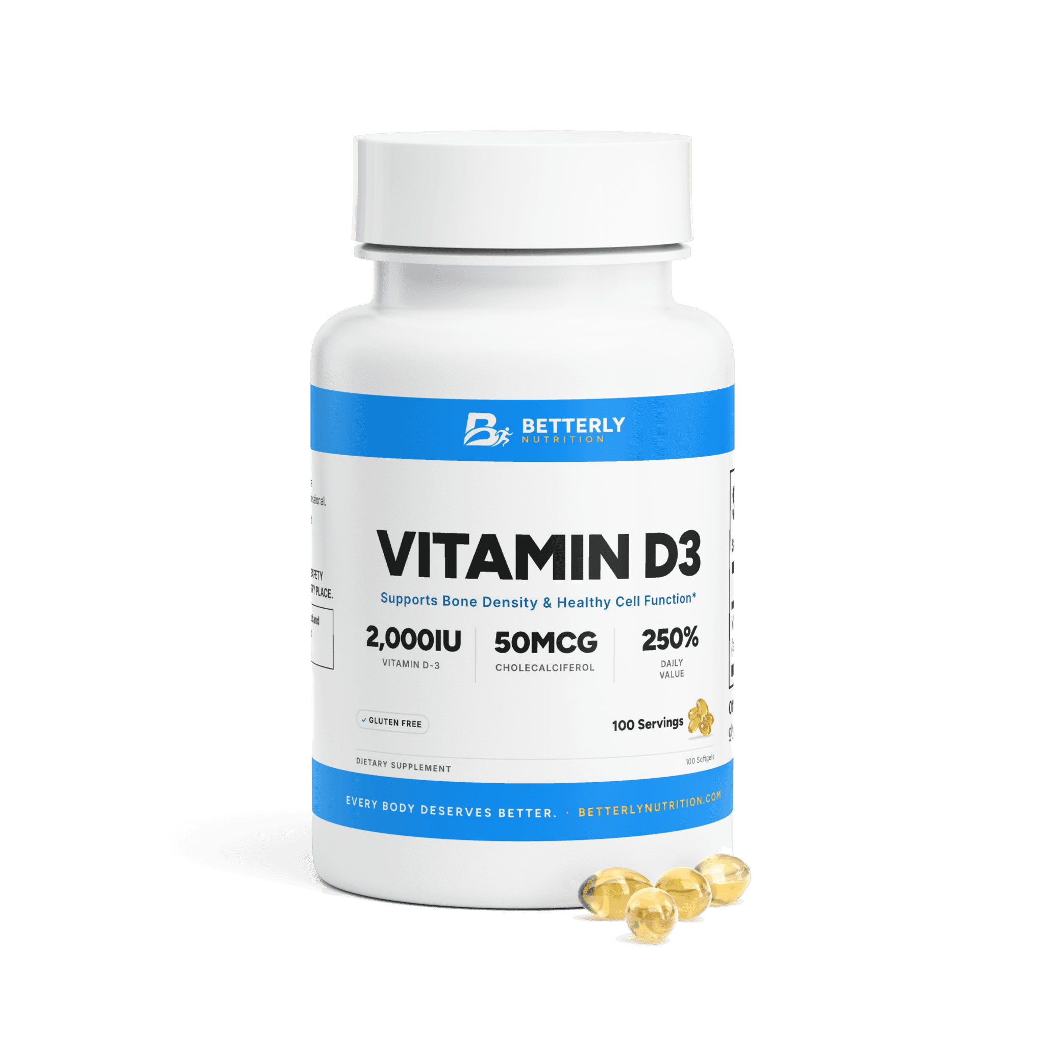 Vitamin D3 Softgels, front label with the contents beside it