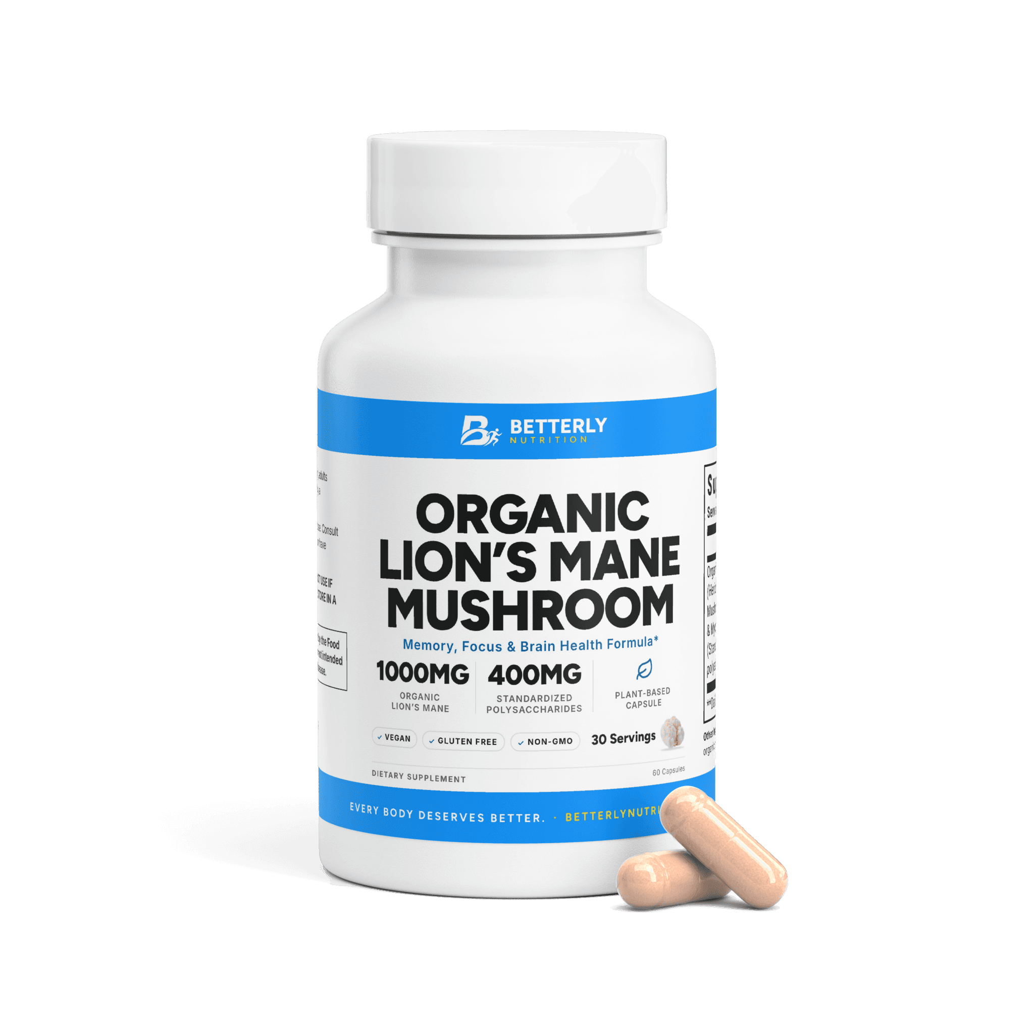 Organic Lion's Mane Mushroom Capsules, front label with the contents beside it