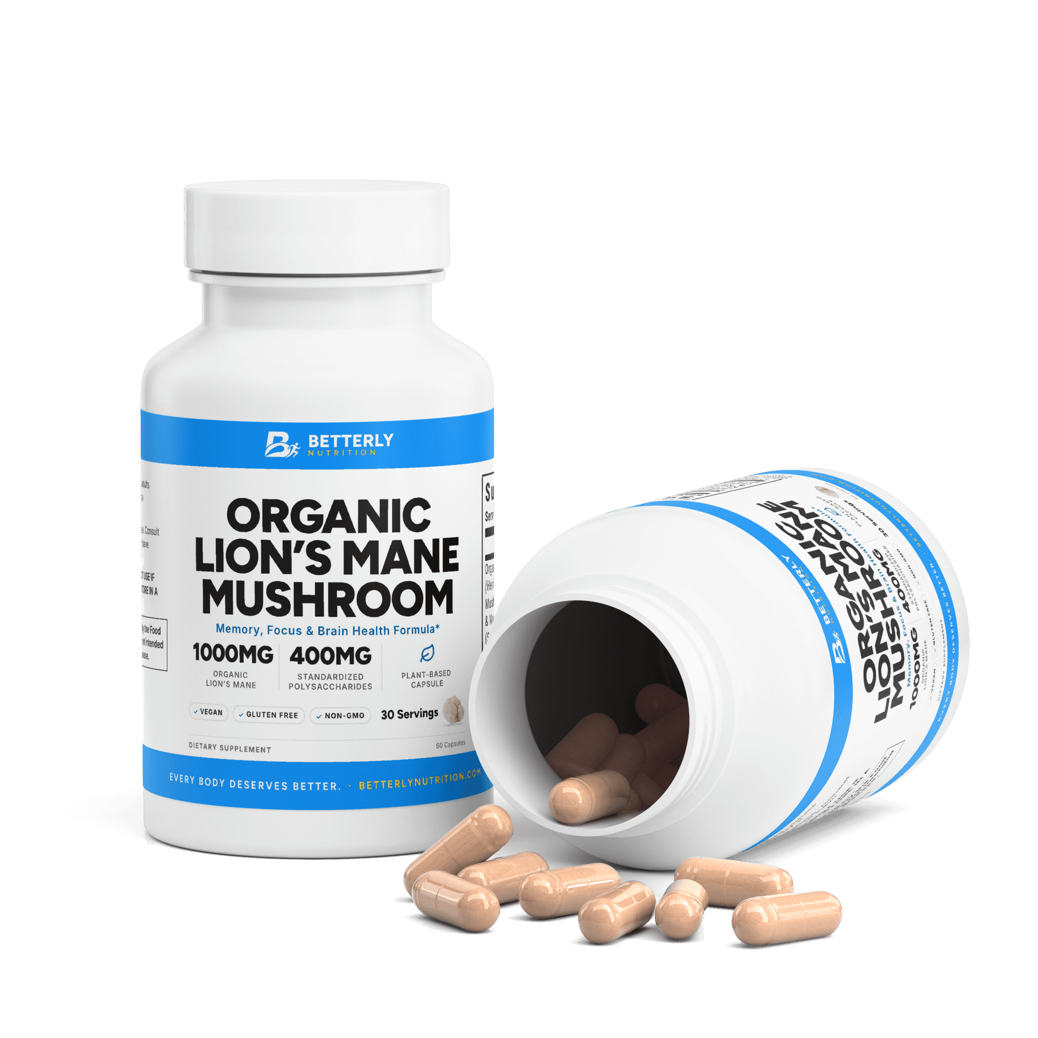 Organic Lion's Mane Mushroom Capsules, opened to show the contents