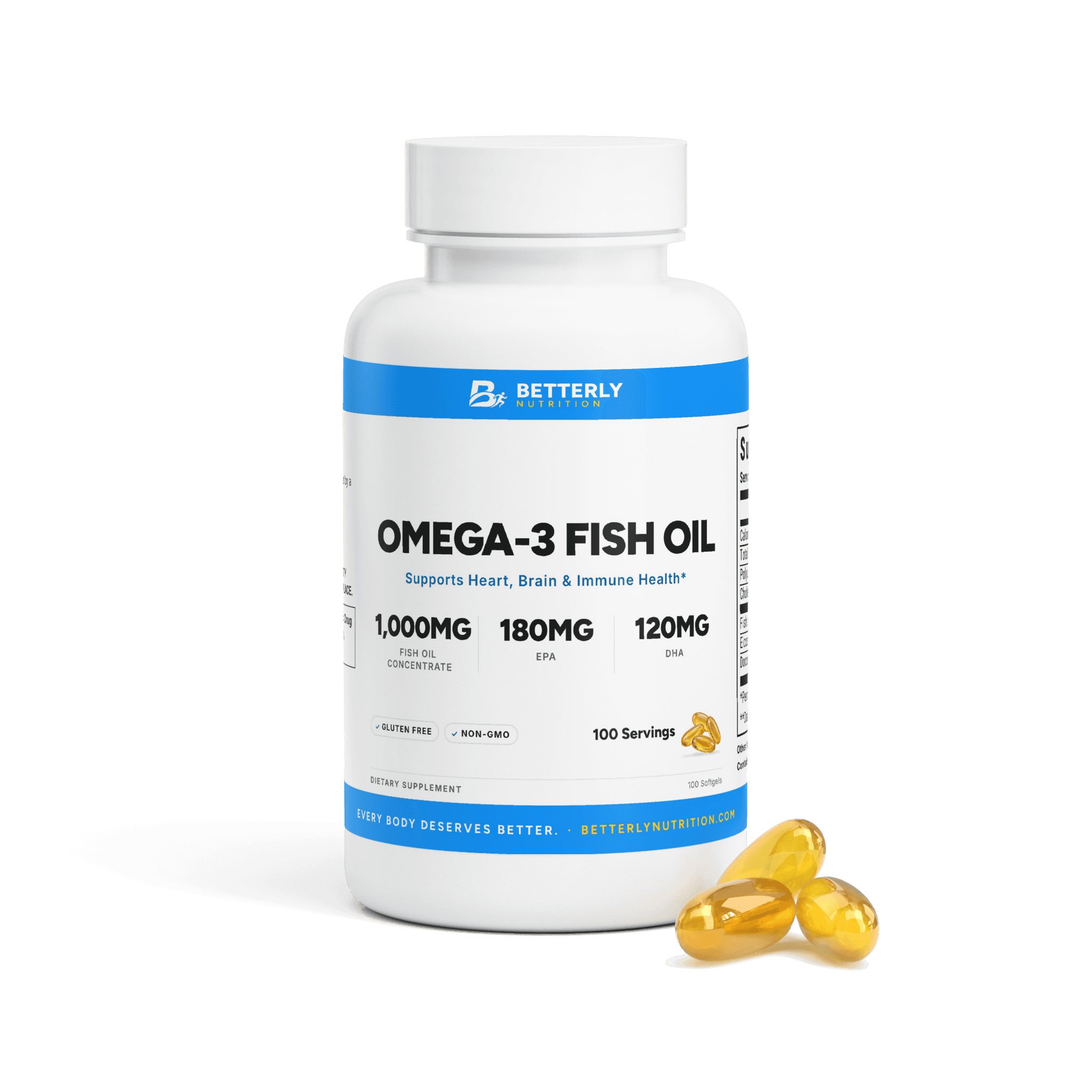 Omega-3 Fish Oil Softgels, front label with the contents beside it