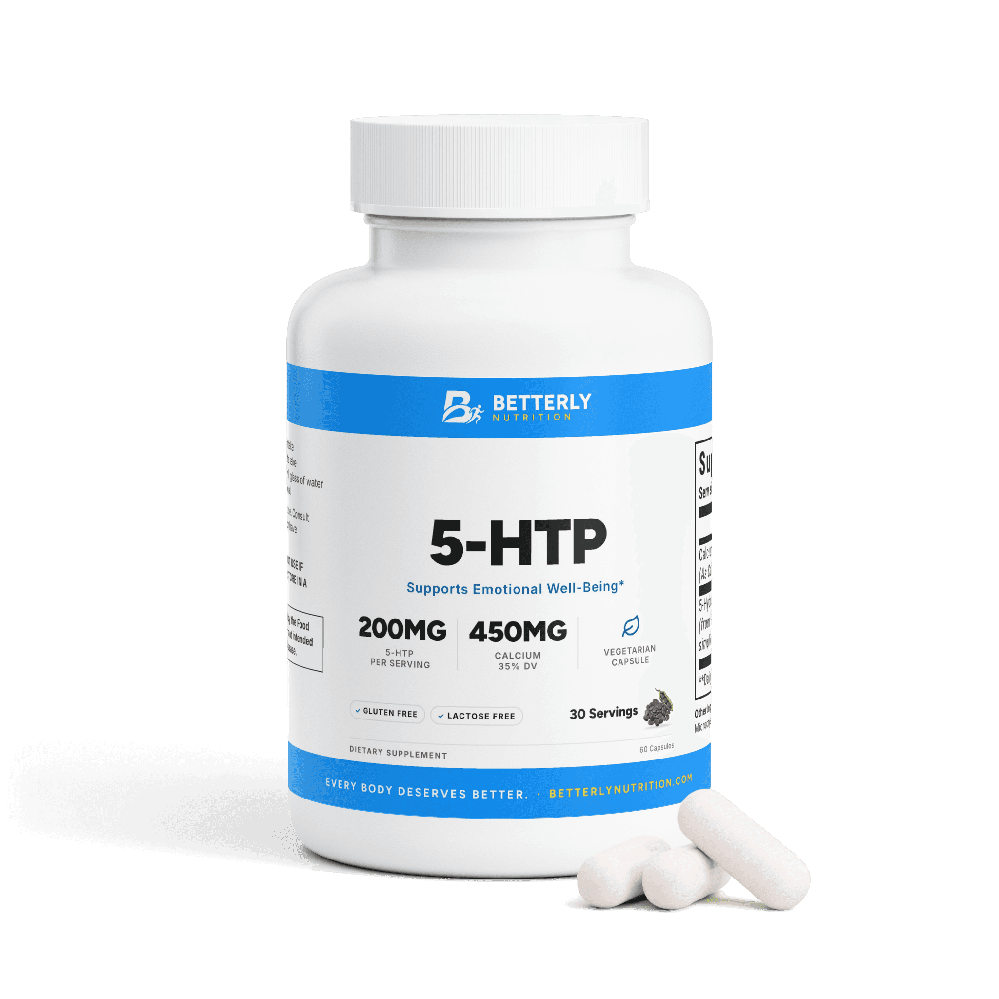 5-HTP Capsules, front label with the contents beside it