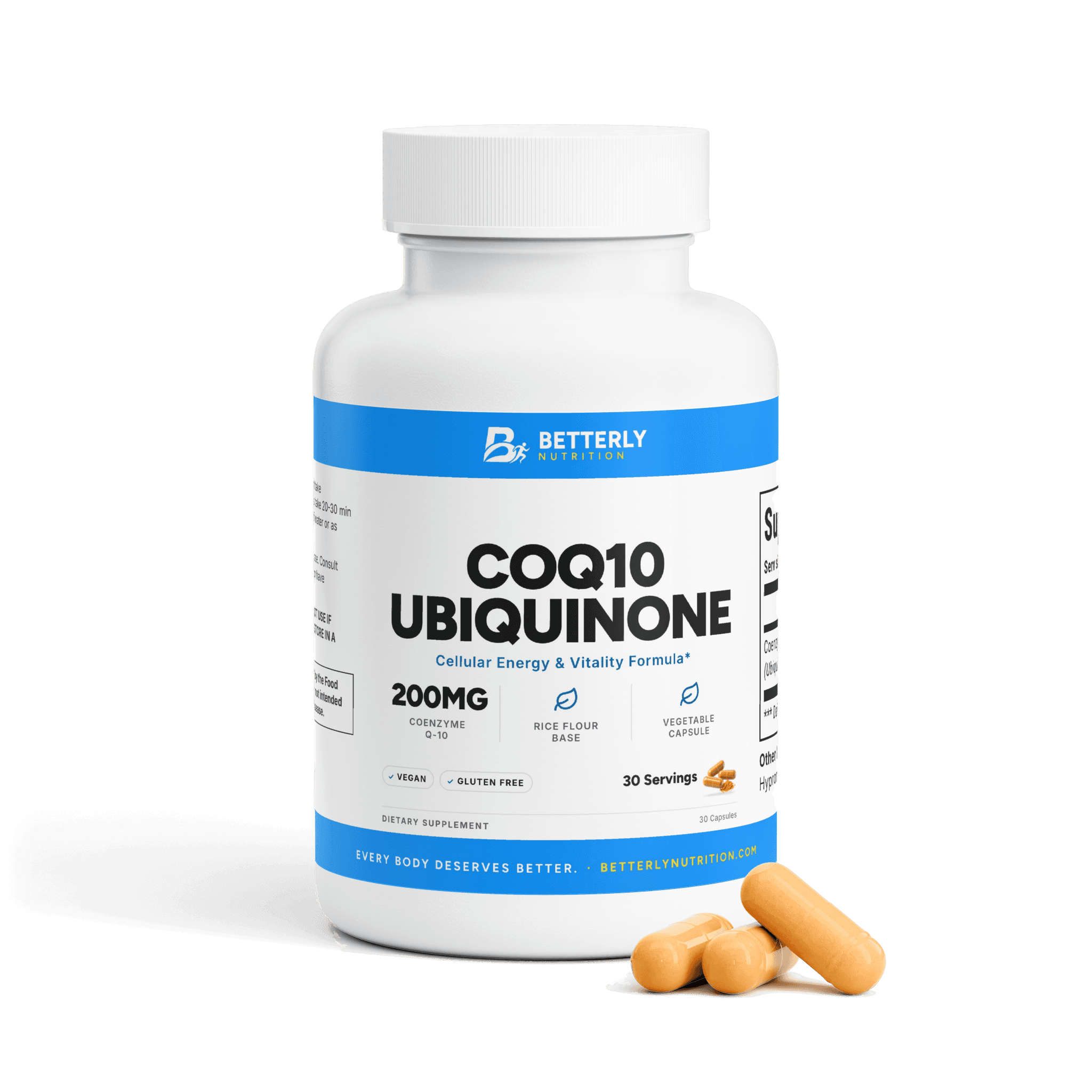 CoQ10 Ubiquinone Capsules, front label with the contents beside it
