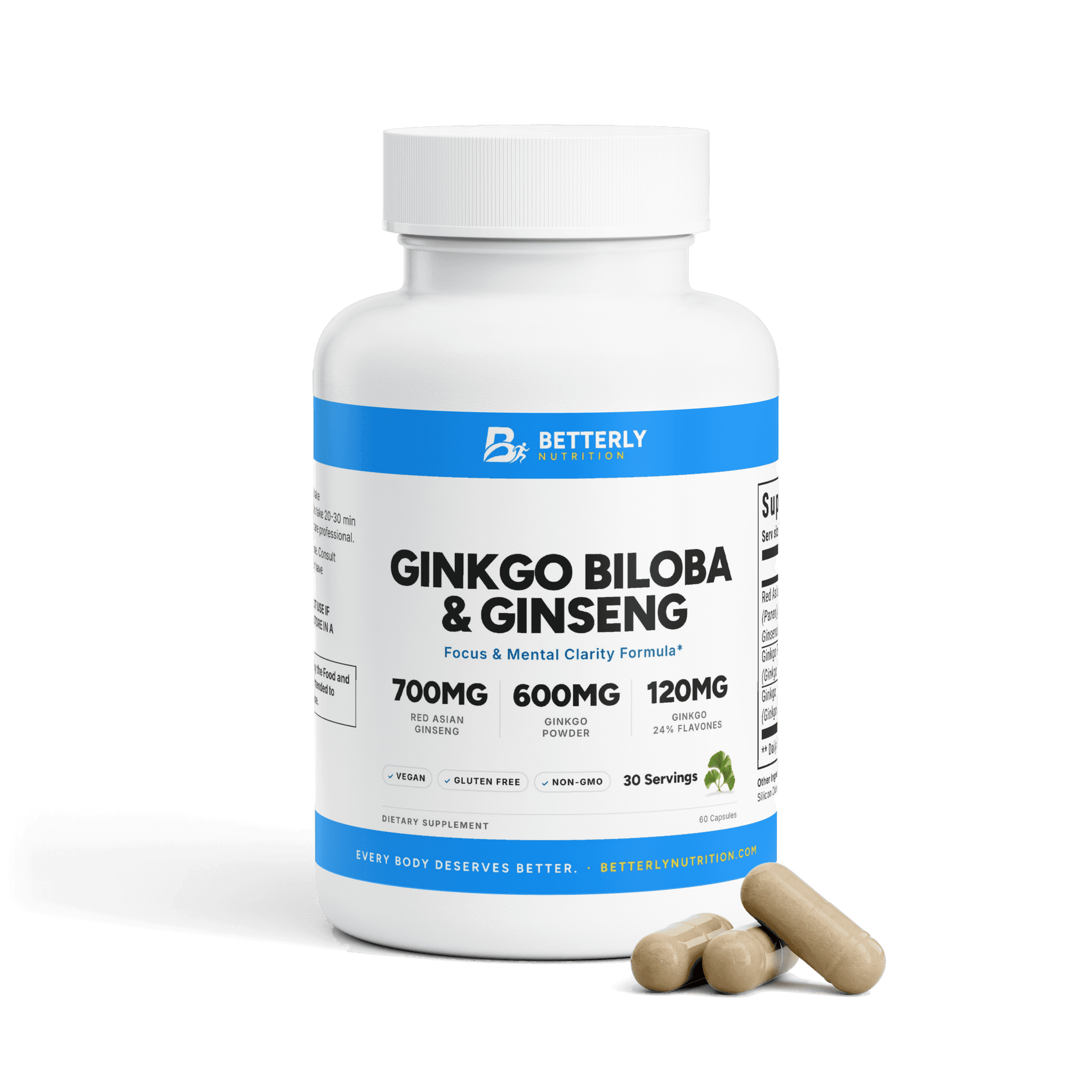 Ginkgo Biloba & Ginseng Capsules, front label with the contents beside it