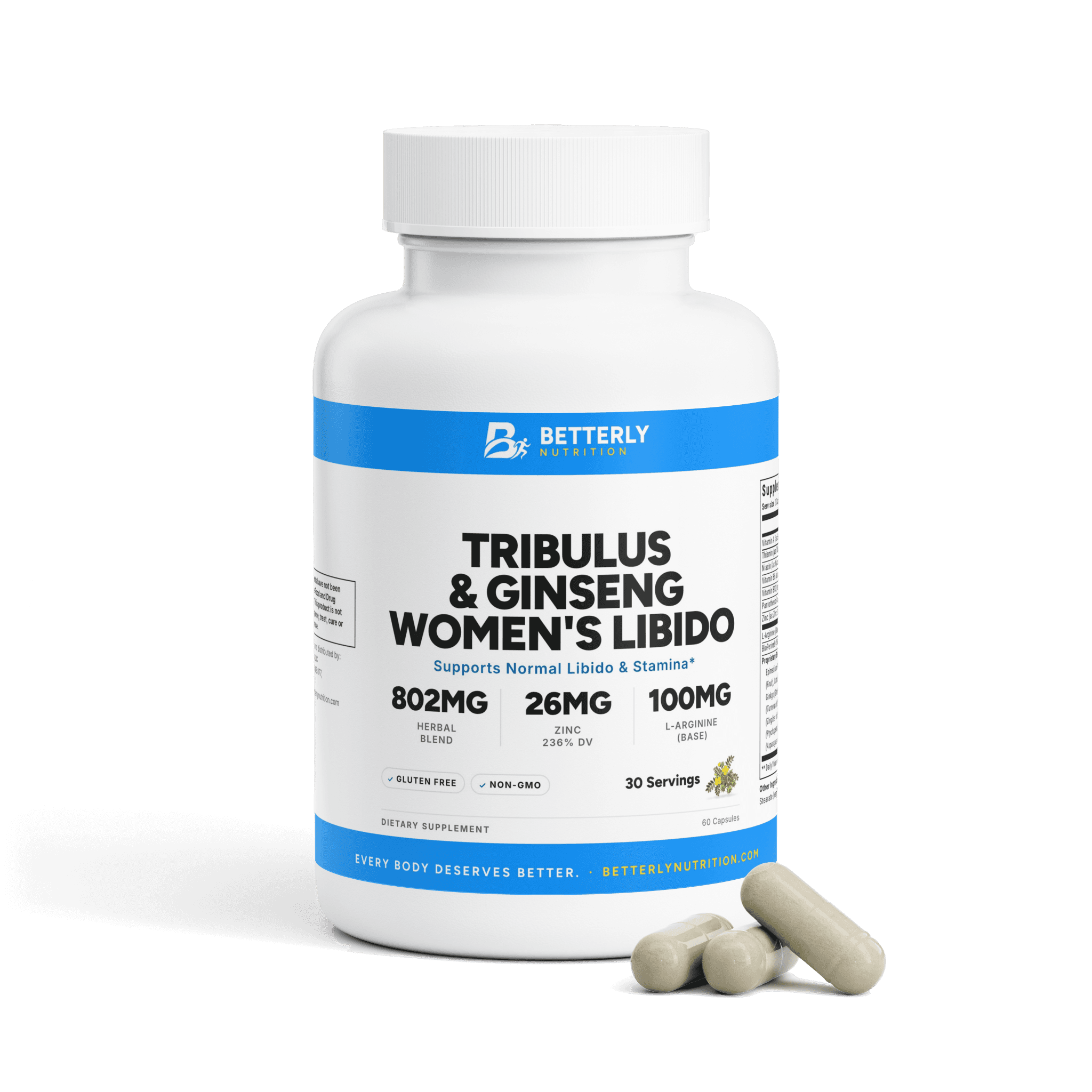 Tribulus & Ginseng Women's Libido Capsules, front label with the contents beside it