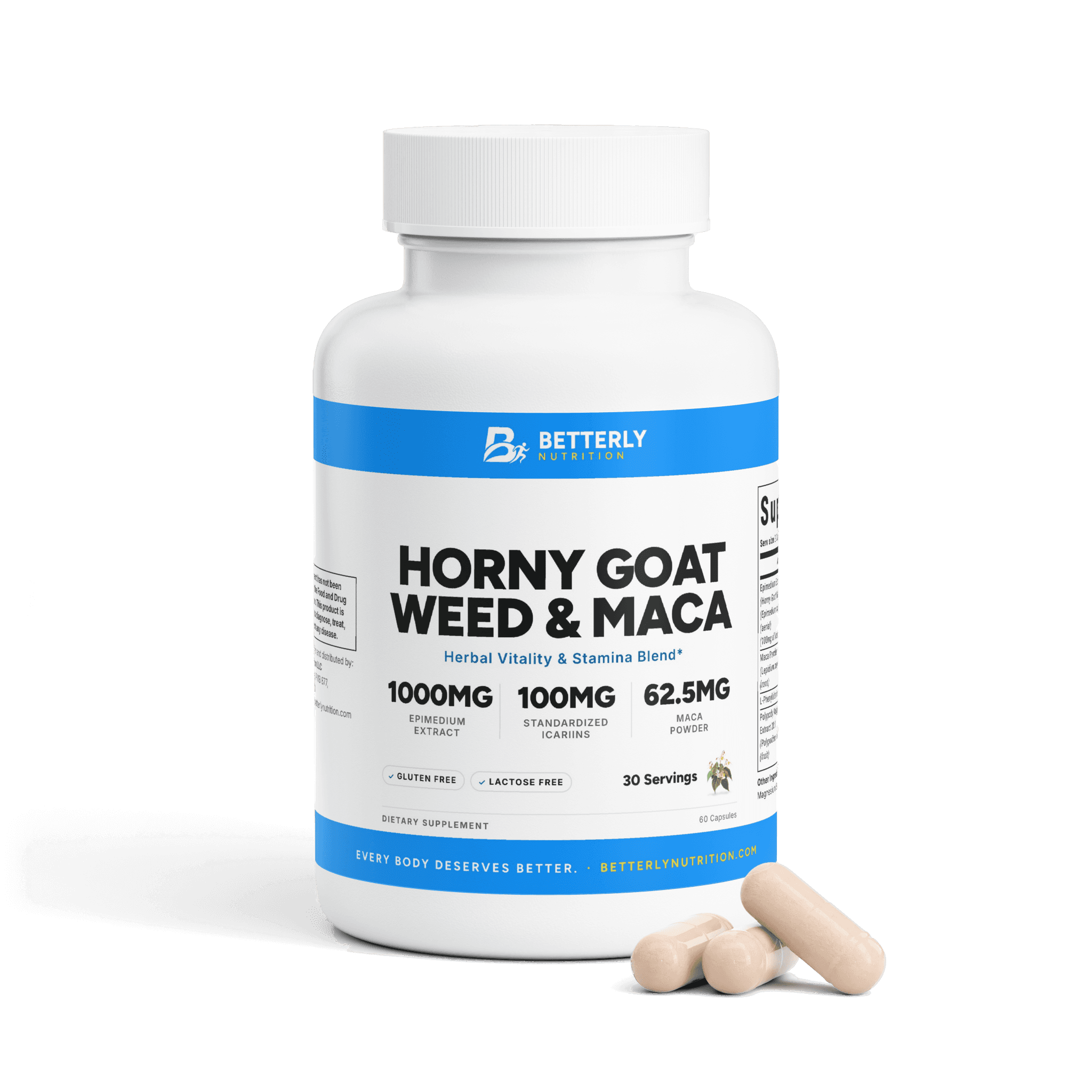 Horny Goat Weed & Maca Capsules, front label with the contents beside it