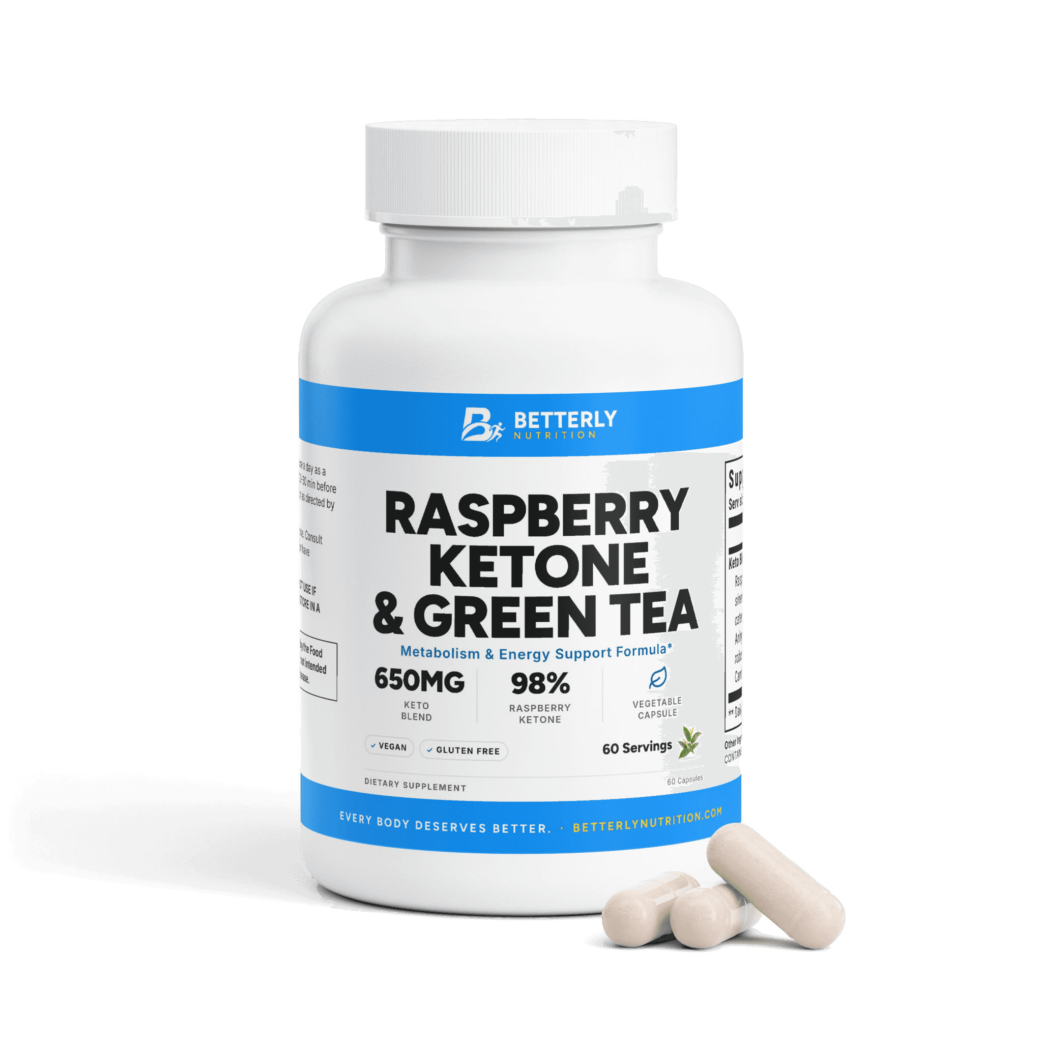 Raspberry Ketone & Green Tea Capsules, front label with the contents beside it