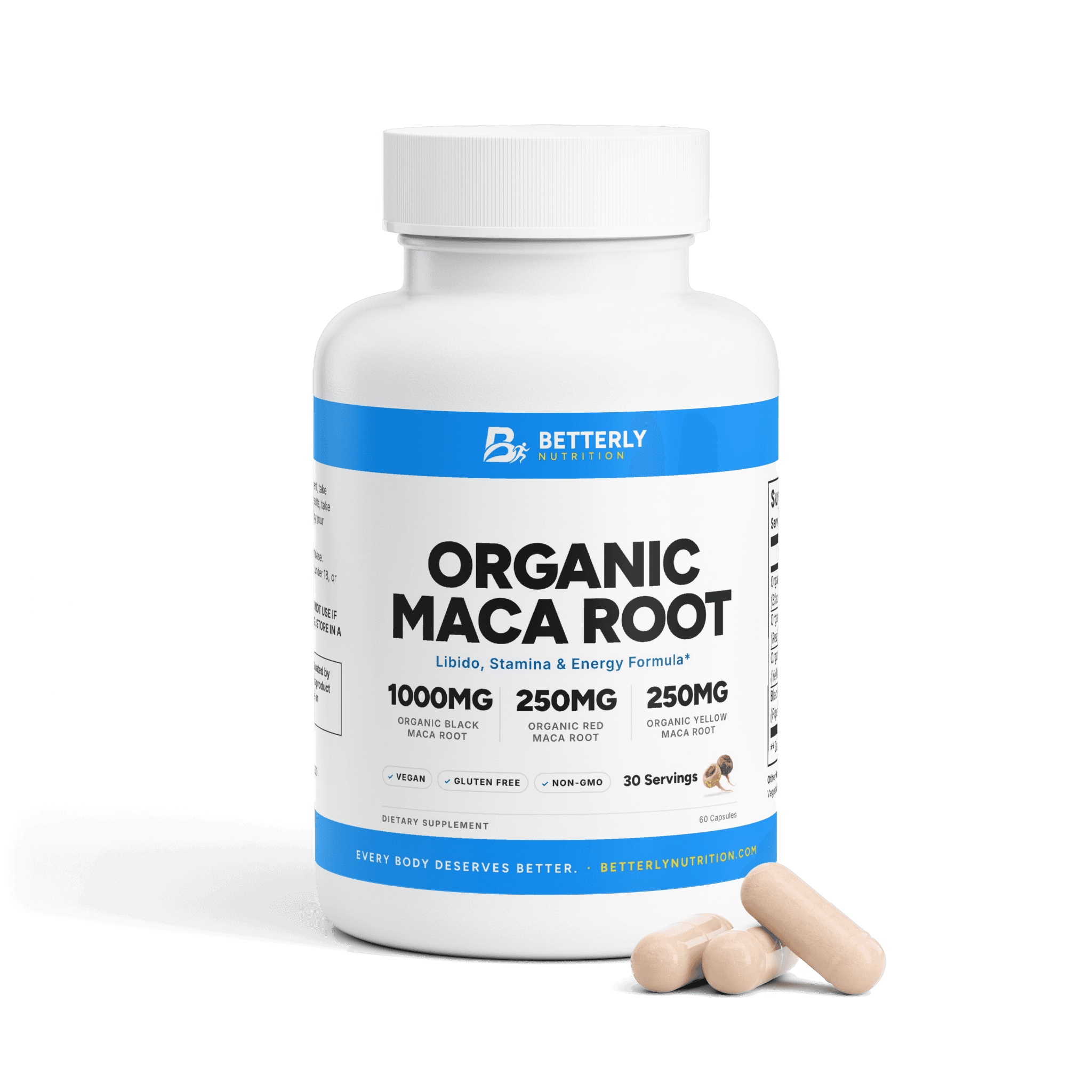 Organic Maca Root Capsules, front label with the contents beside it