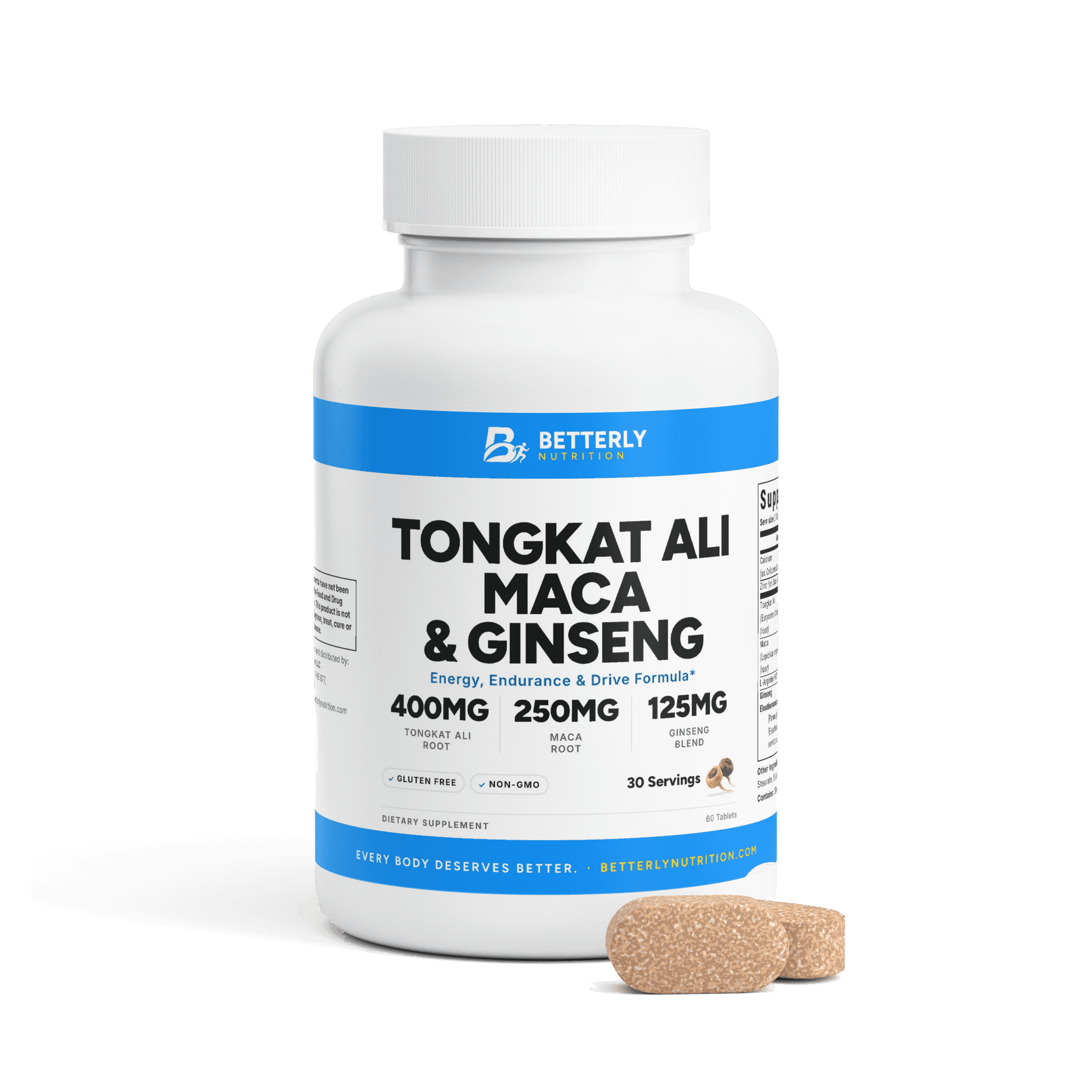 Tongkat Ali, Maca & Ginseng Capsules, front label with the contents beside it