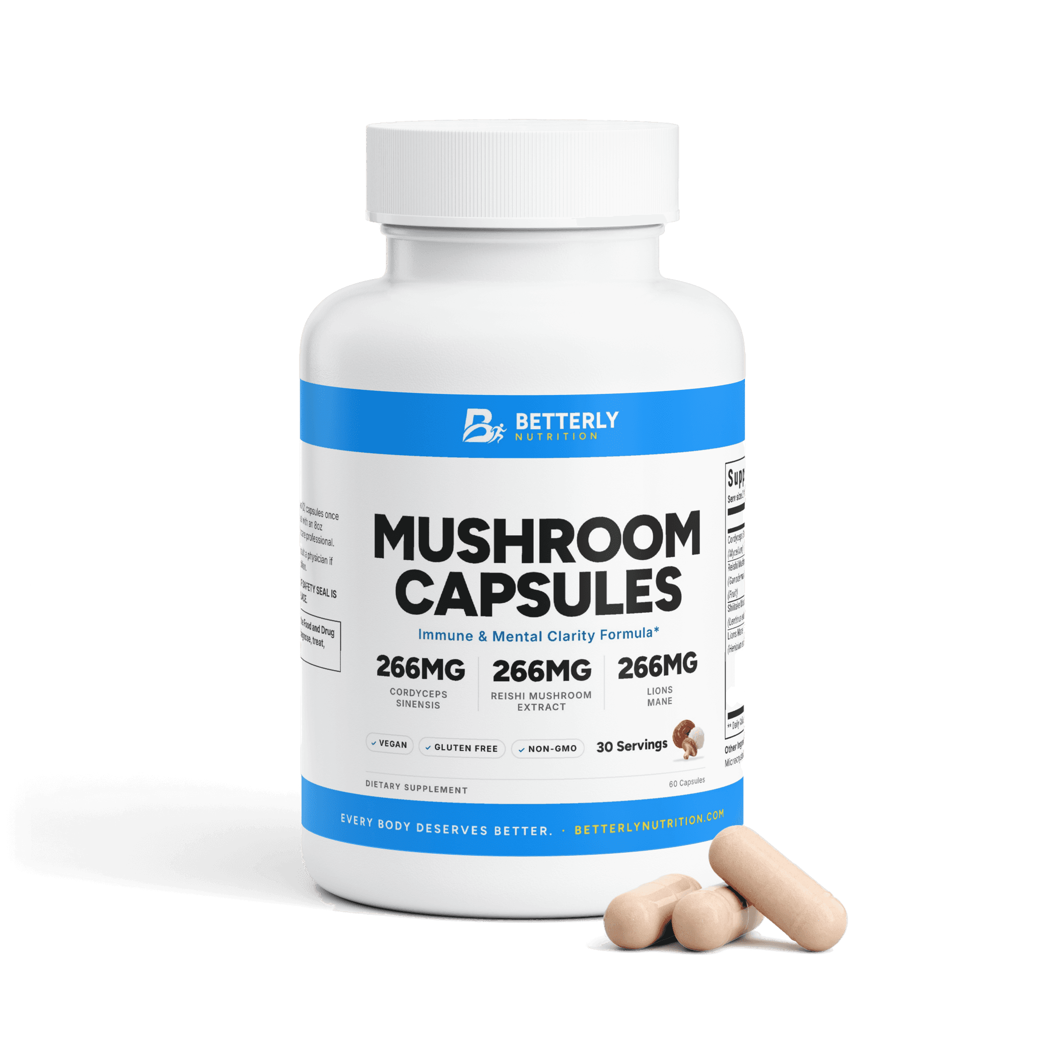 Mushroom Capsules, front label with the contents beside it