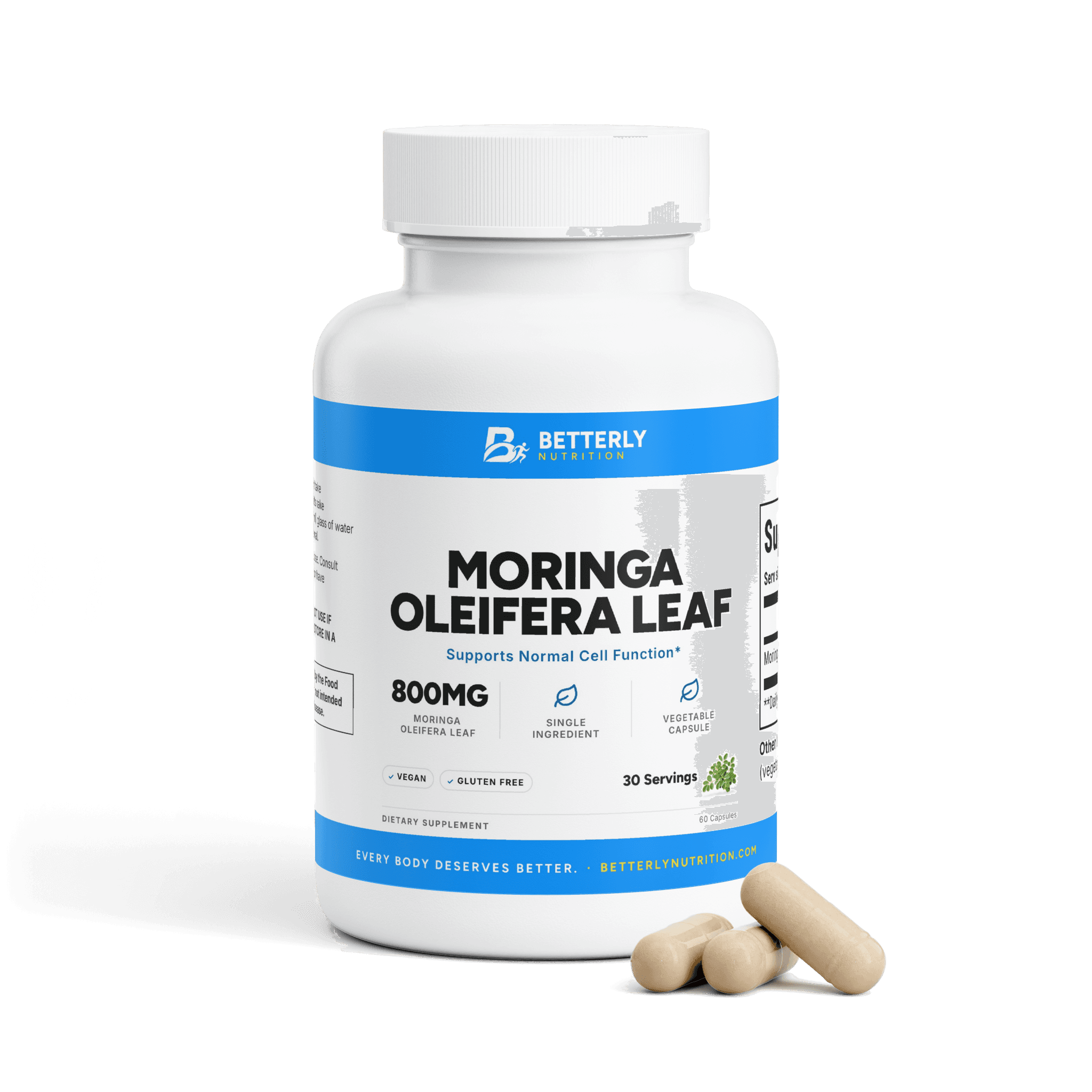 Moringa Oleifera Leaf Capsules, front label with the contents beside it