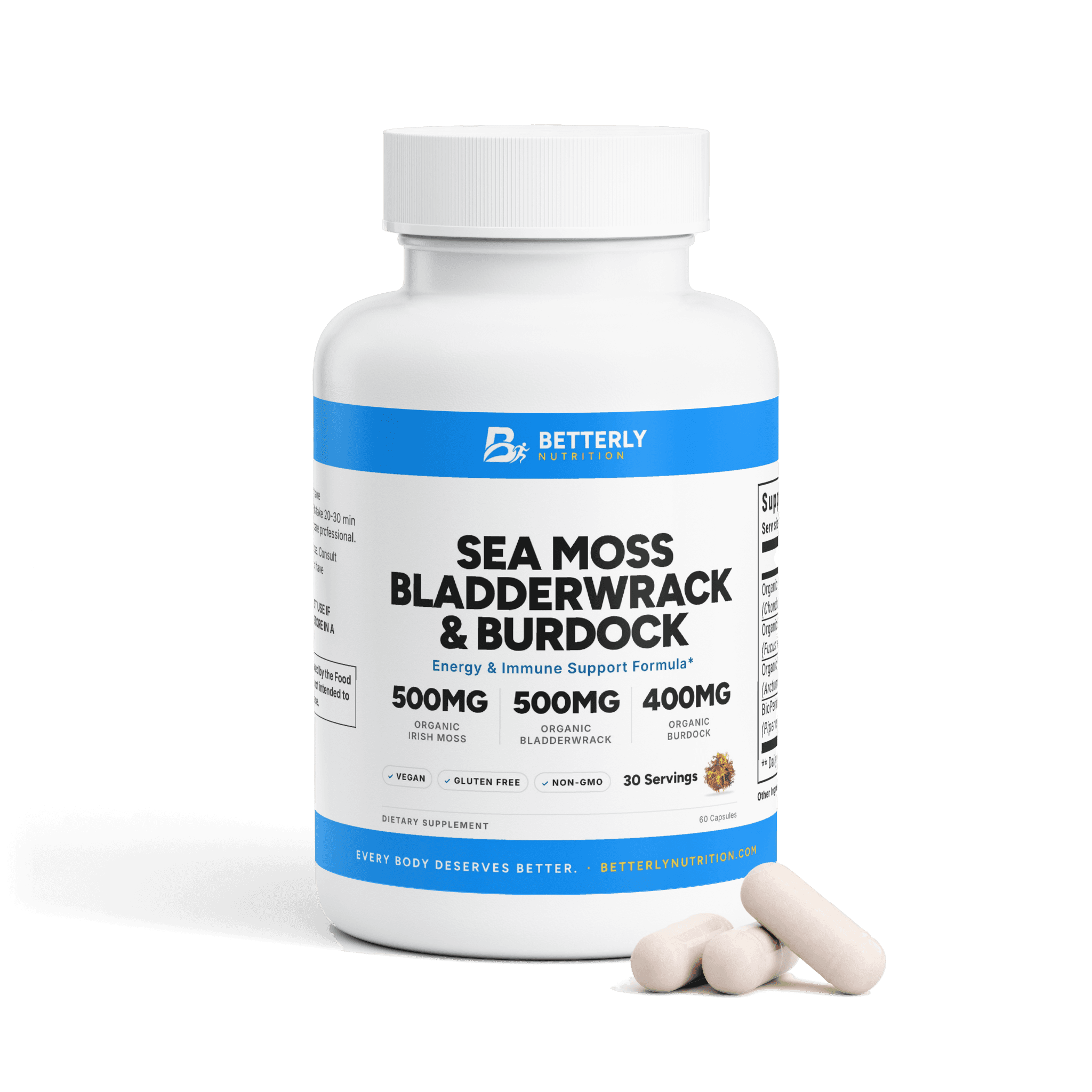 Sea Moss, Bladderwrack & Burdock Capsules, front label with the contents beside it