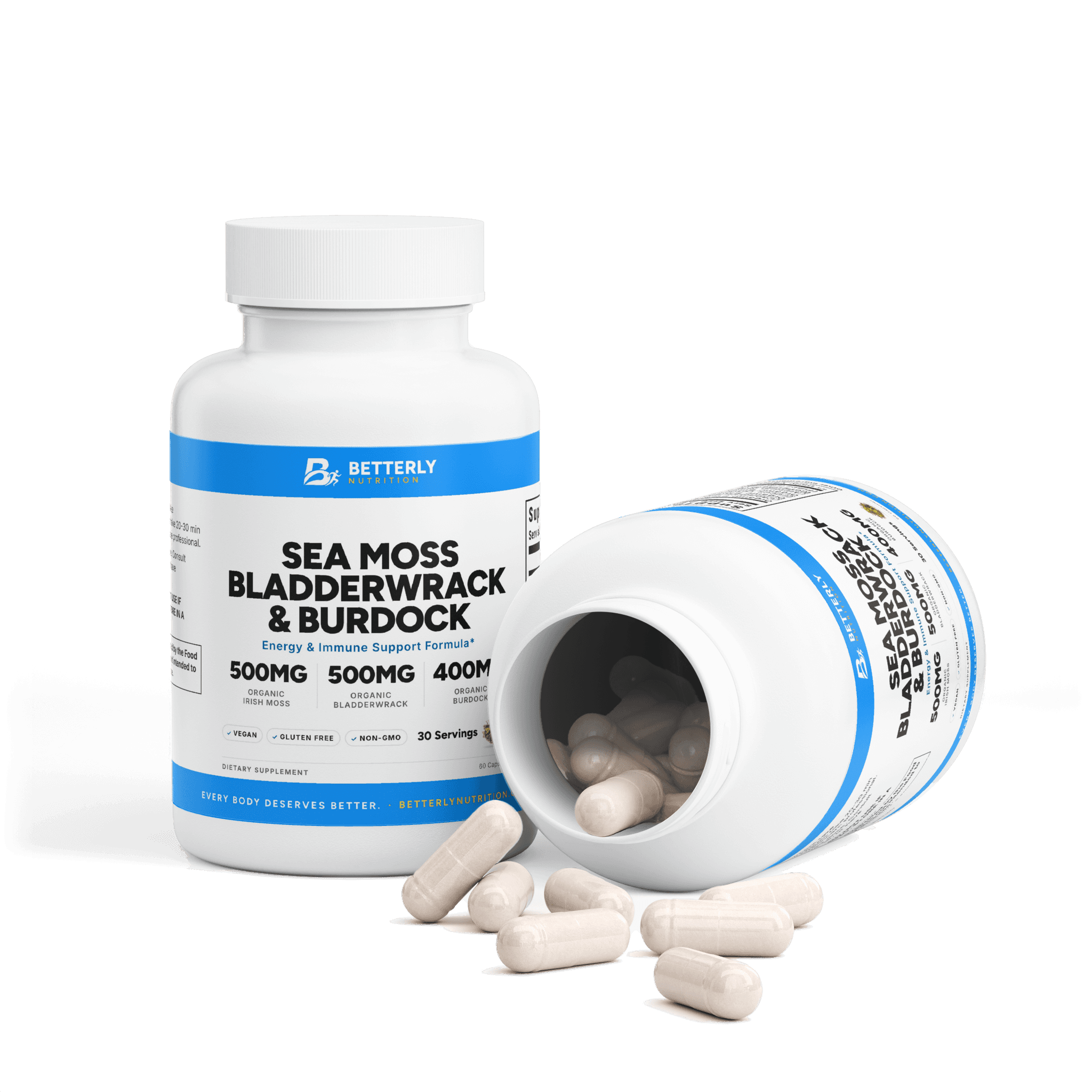 Sea Moss, Bladderwrack & Burdock Capsules, opened to show the contents
