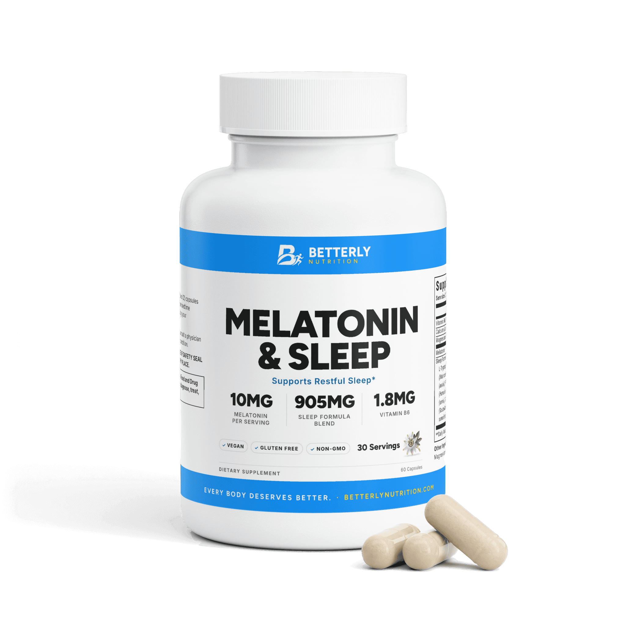 10mg Melatonin Sleep Capsules, front label with the contents beside it