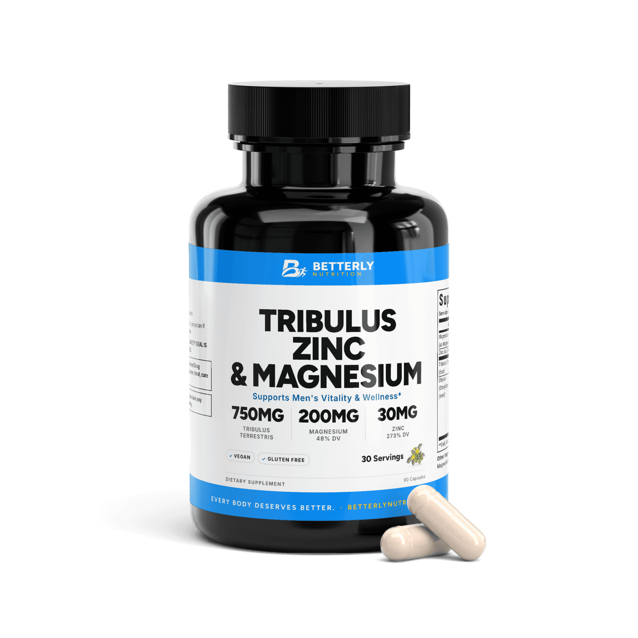 Tribulus, Zinc & Magnesium Capsules, front label with the contents beside it