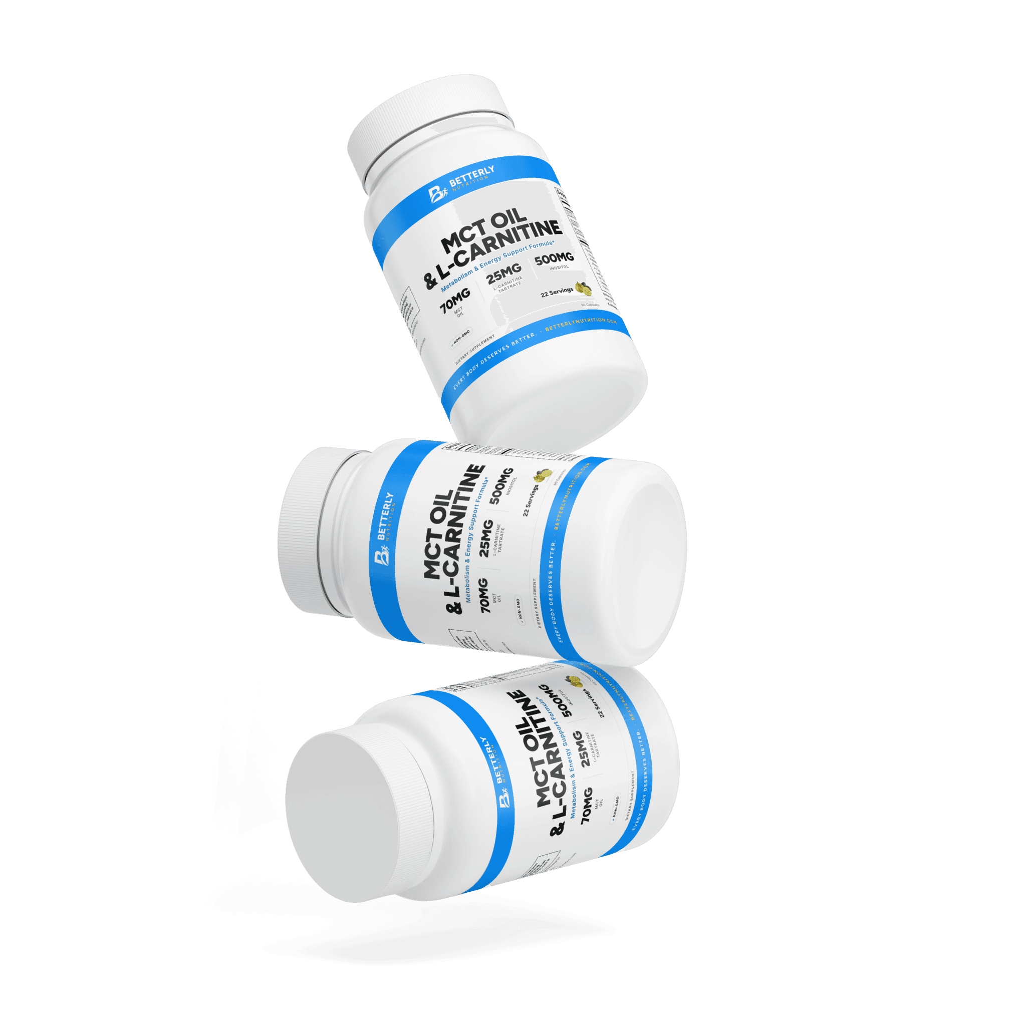 MCT Oil & L-Carnitine Capsules, stacked containers
