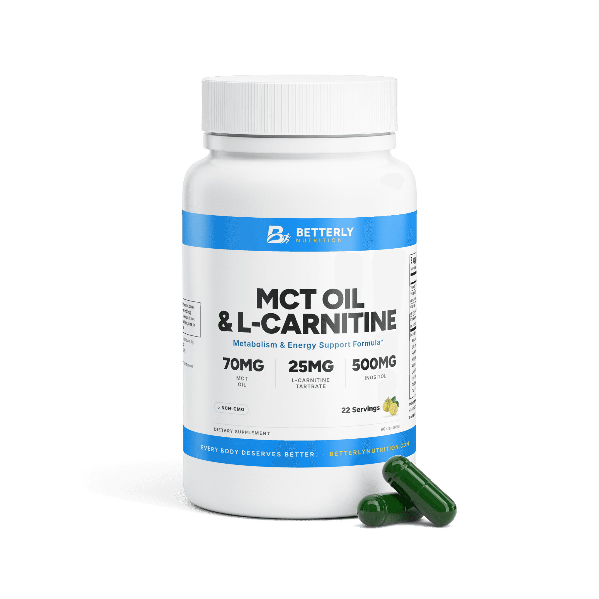 MCT Oil & L-Carnitine Capsules, front label with the contents beside it