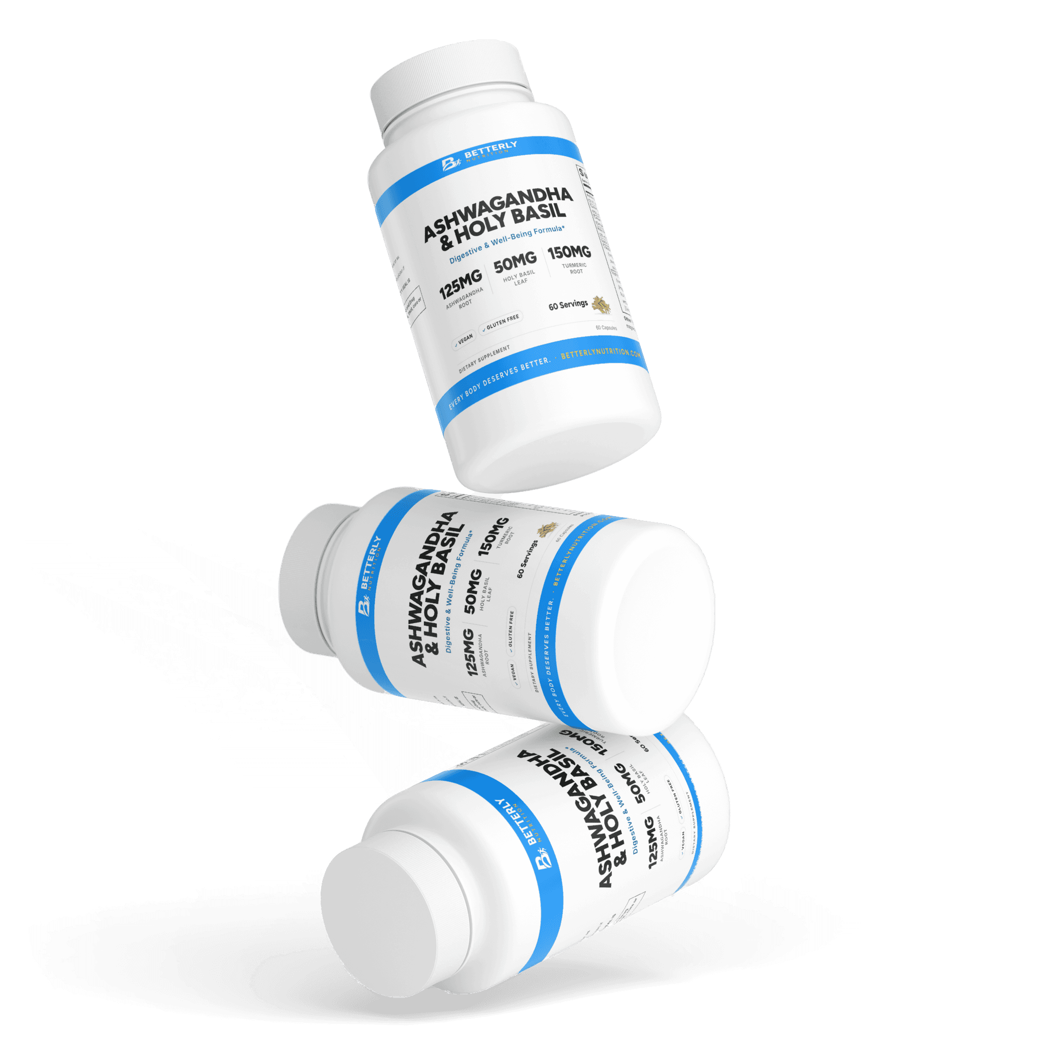 Ashwagandha & Holy Basil Ayurvedic Capsules, stacked containers