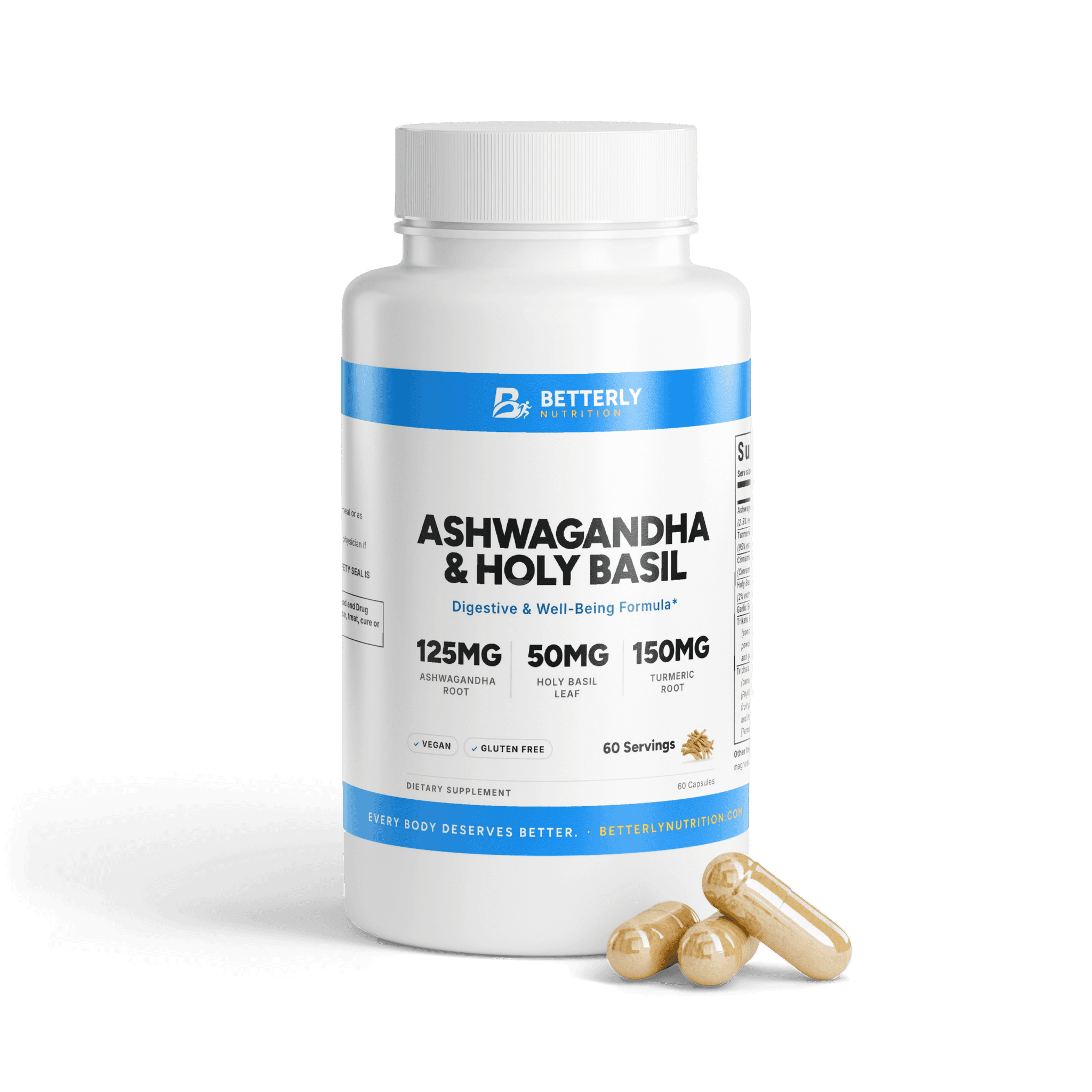 Ashwagandha & Holy Basil Ayurvedic Capsules, front label with the contents beside it