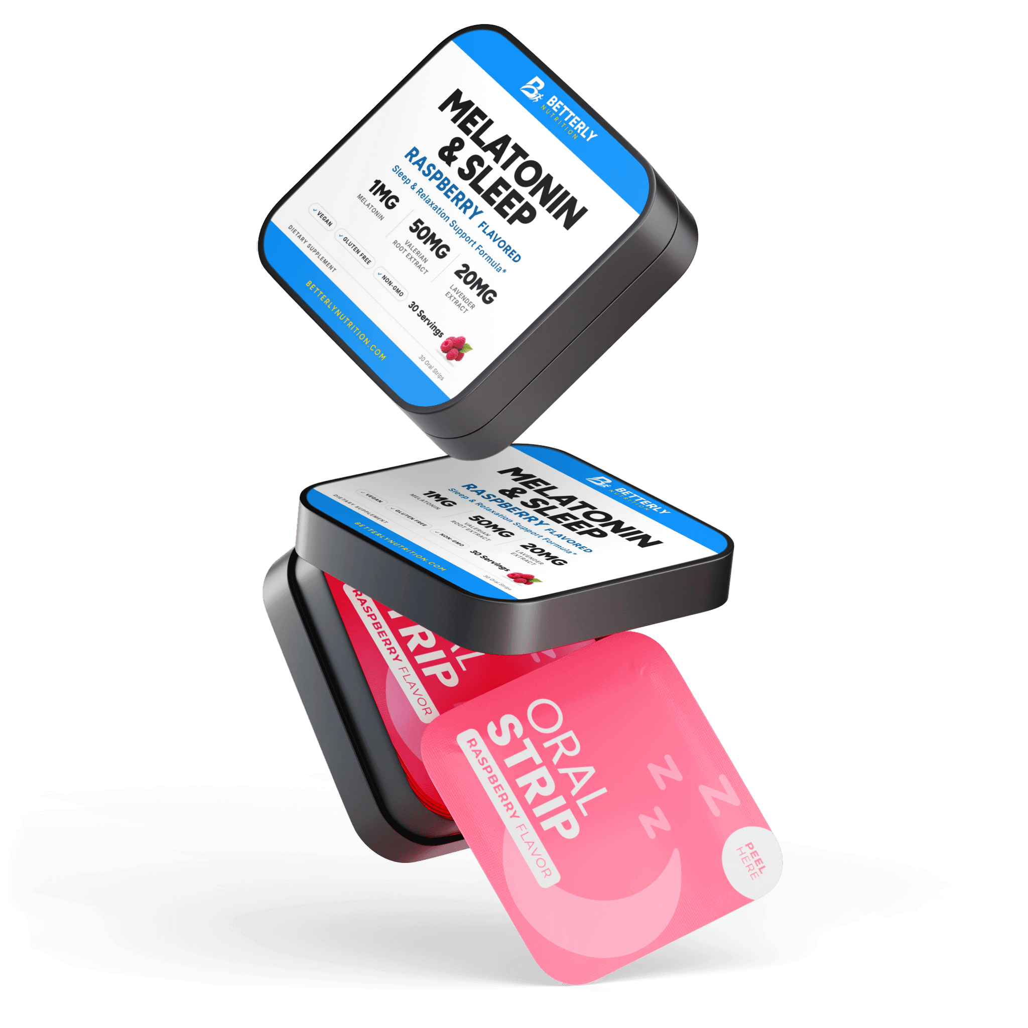1mg Melatonin Sleep Strips, stacked containers