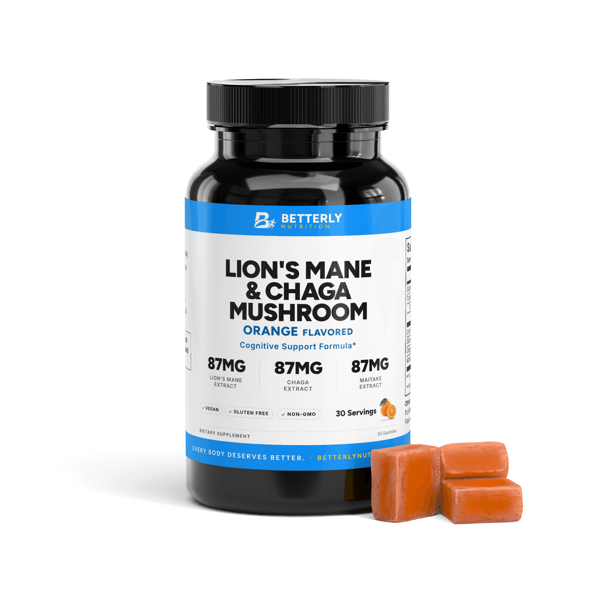 Lion's Mane & Chaga Mushroom Gummies, front label with the contents beside it