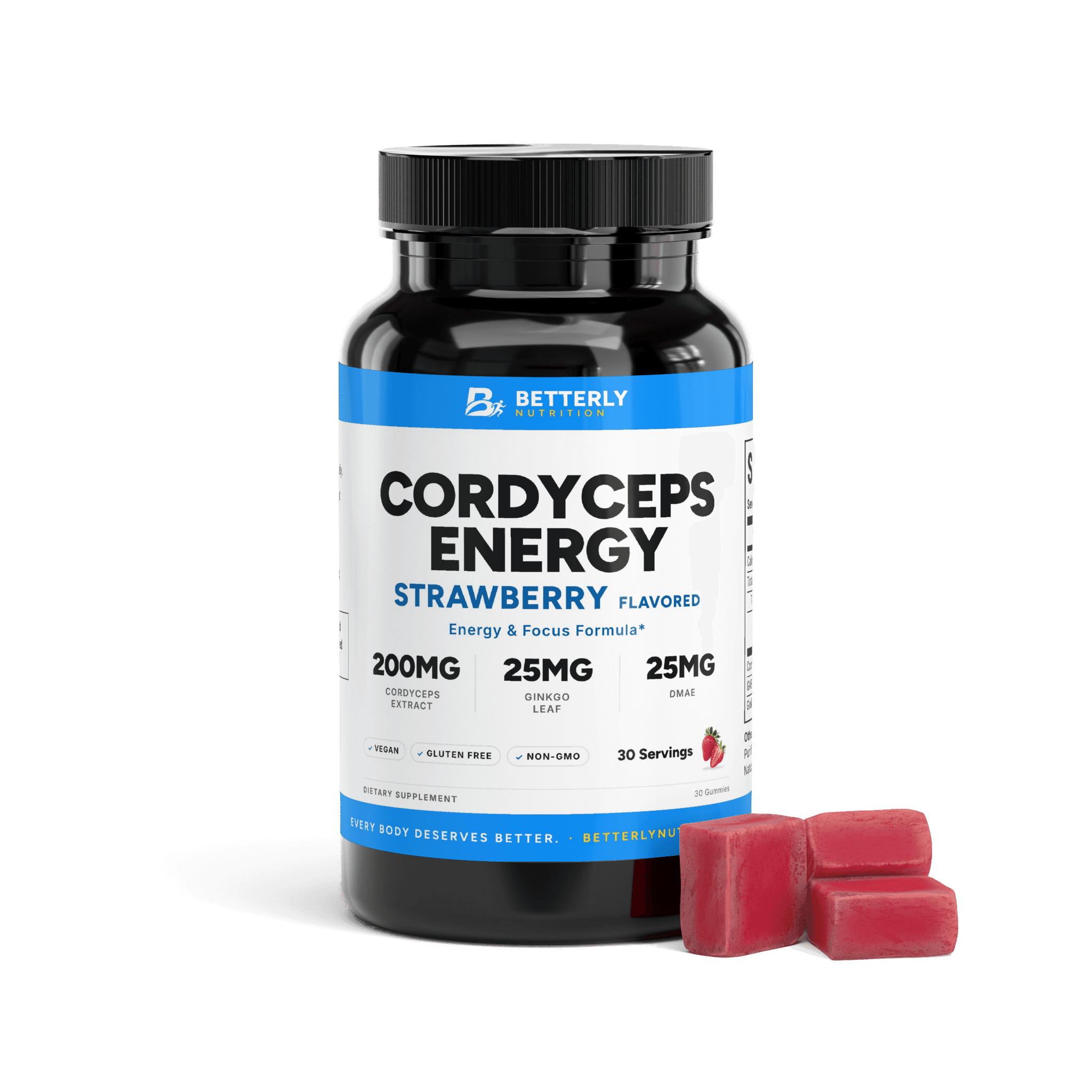 Cordyceps Mushroom Energy Gummies, front label with the contents beside it