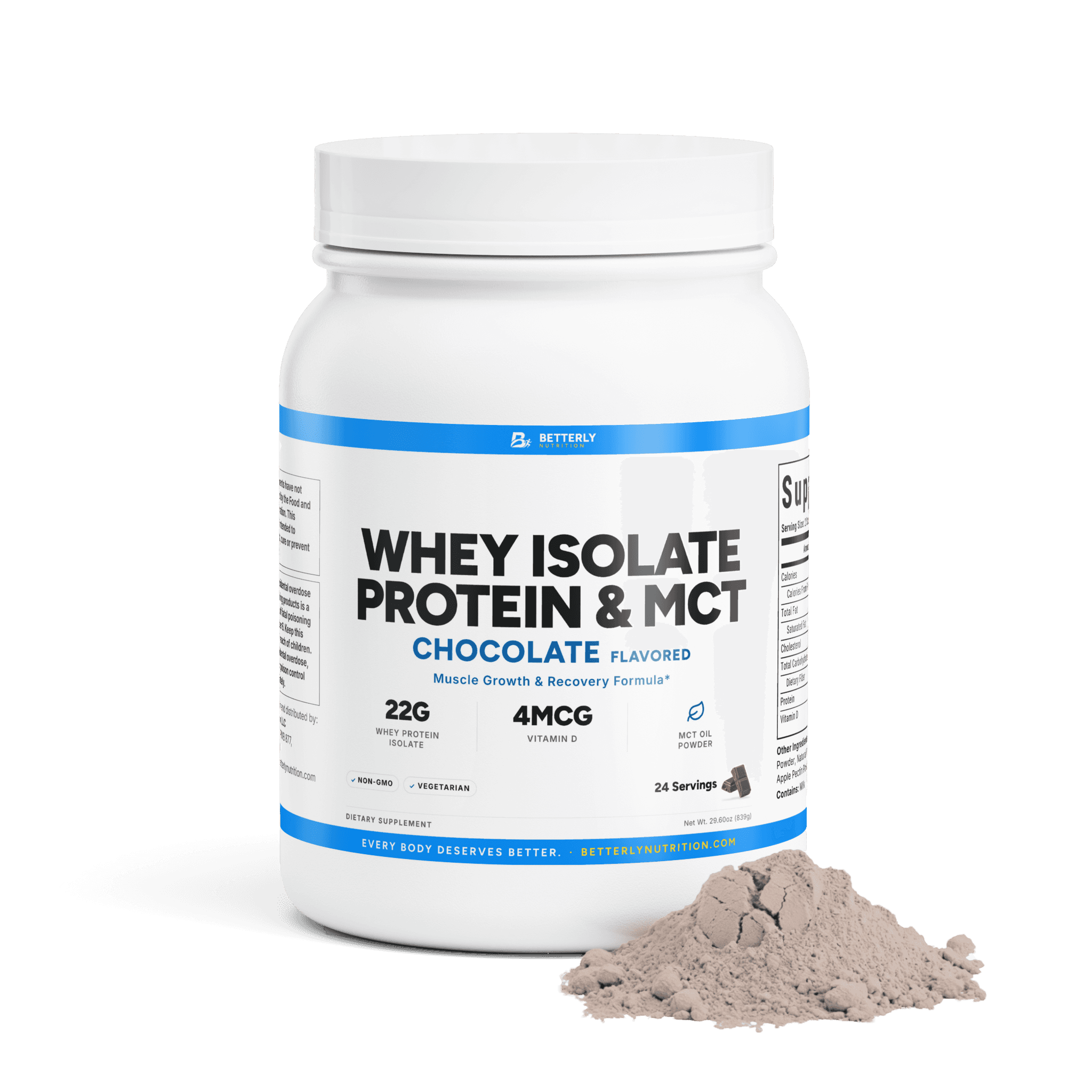 Whey Protein Isolate & MCT Powder — Chocolate, front label with the contents beside it