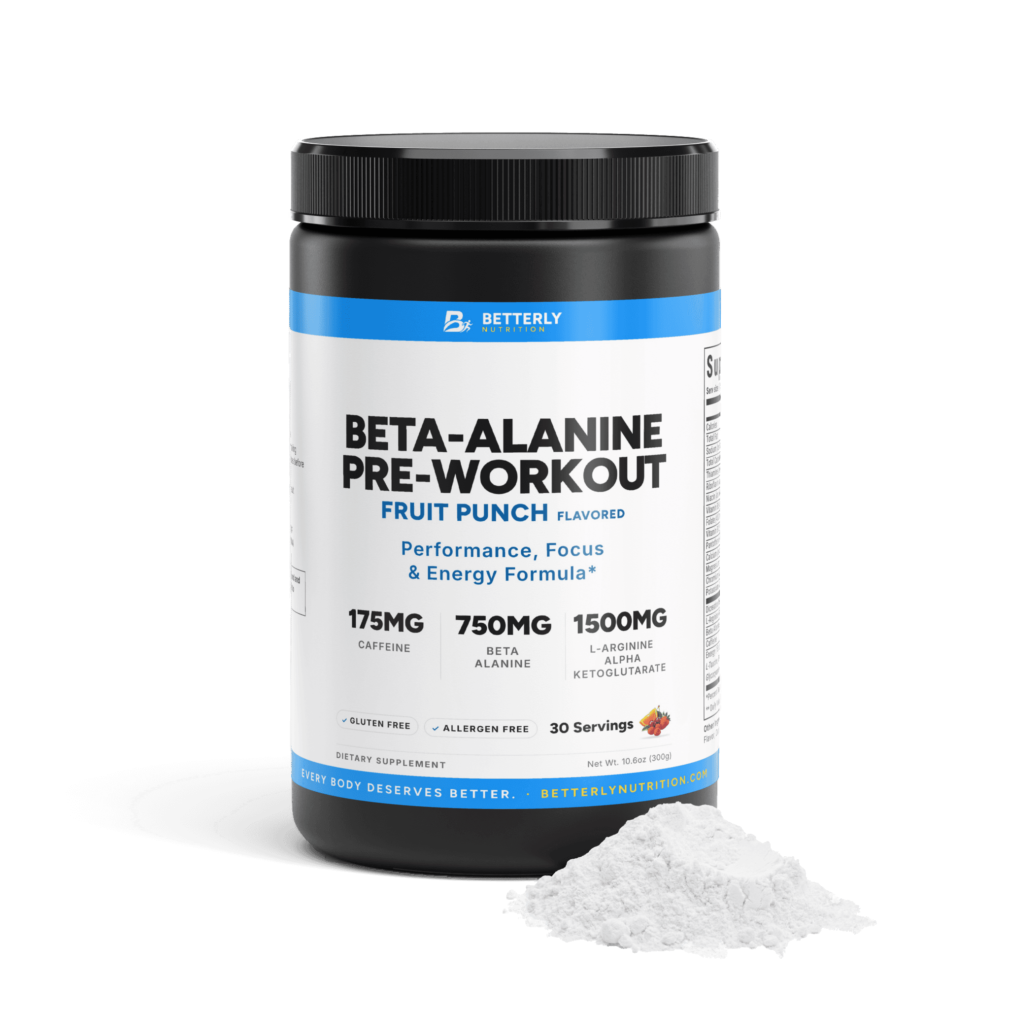 Beta-Alanine & Caffeine Pre-Workout Powder — Fruit Punch, front label with the contents beside it