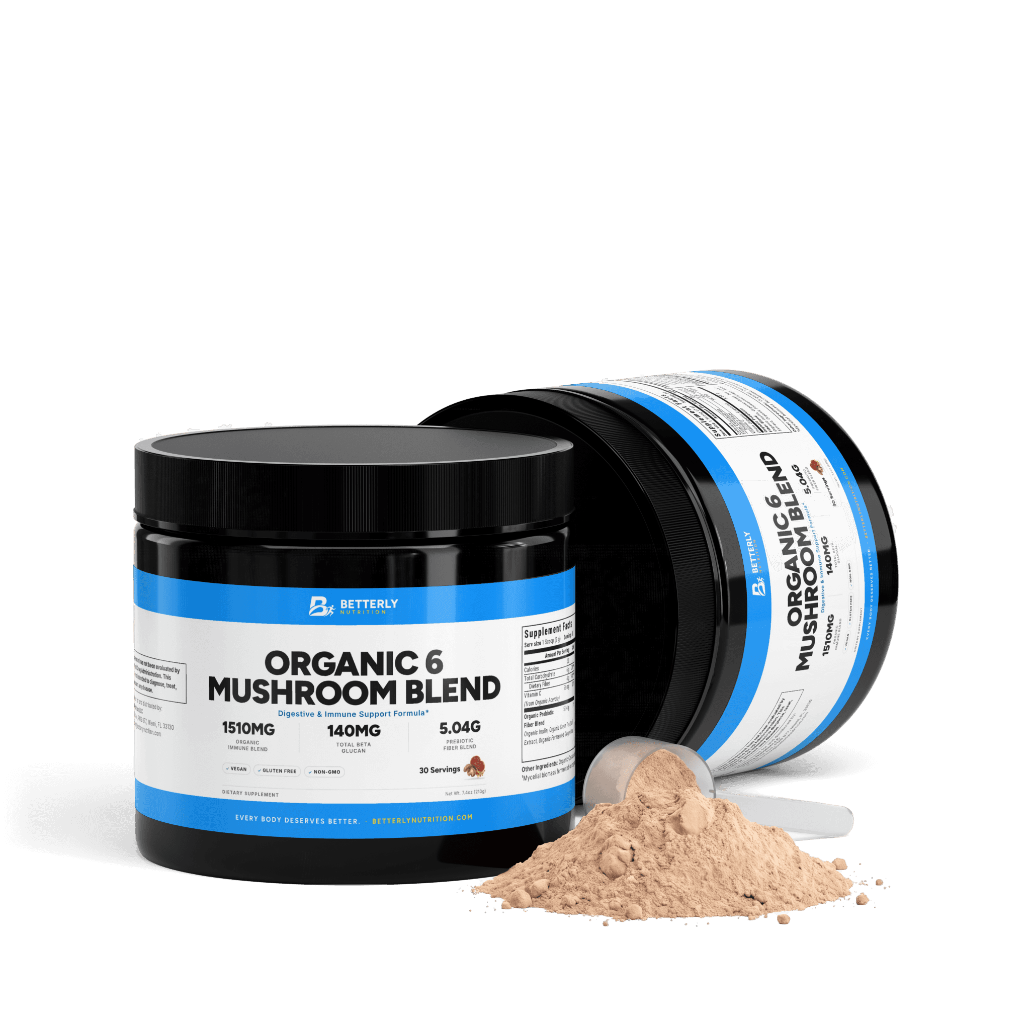Organic 6 Mushroom Blend Powder, opened to show the contents