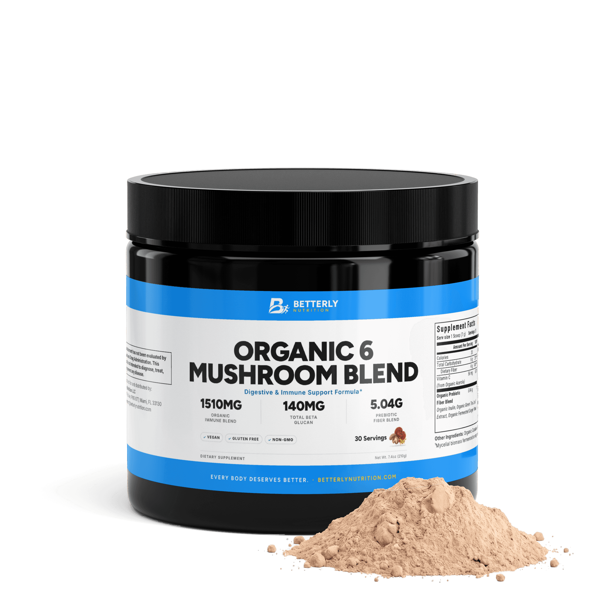 Organic 6 Mushroom Blend Powder, front label with the contents beside it