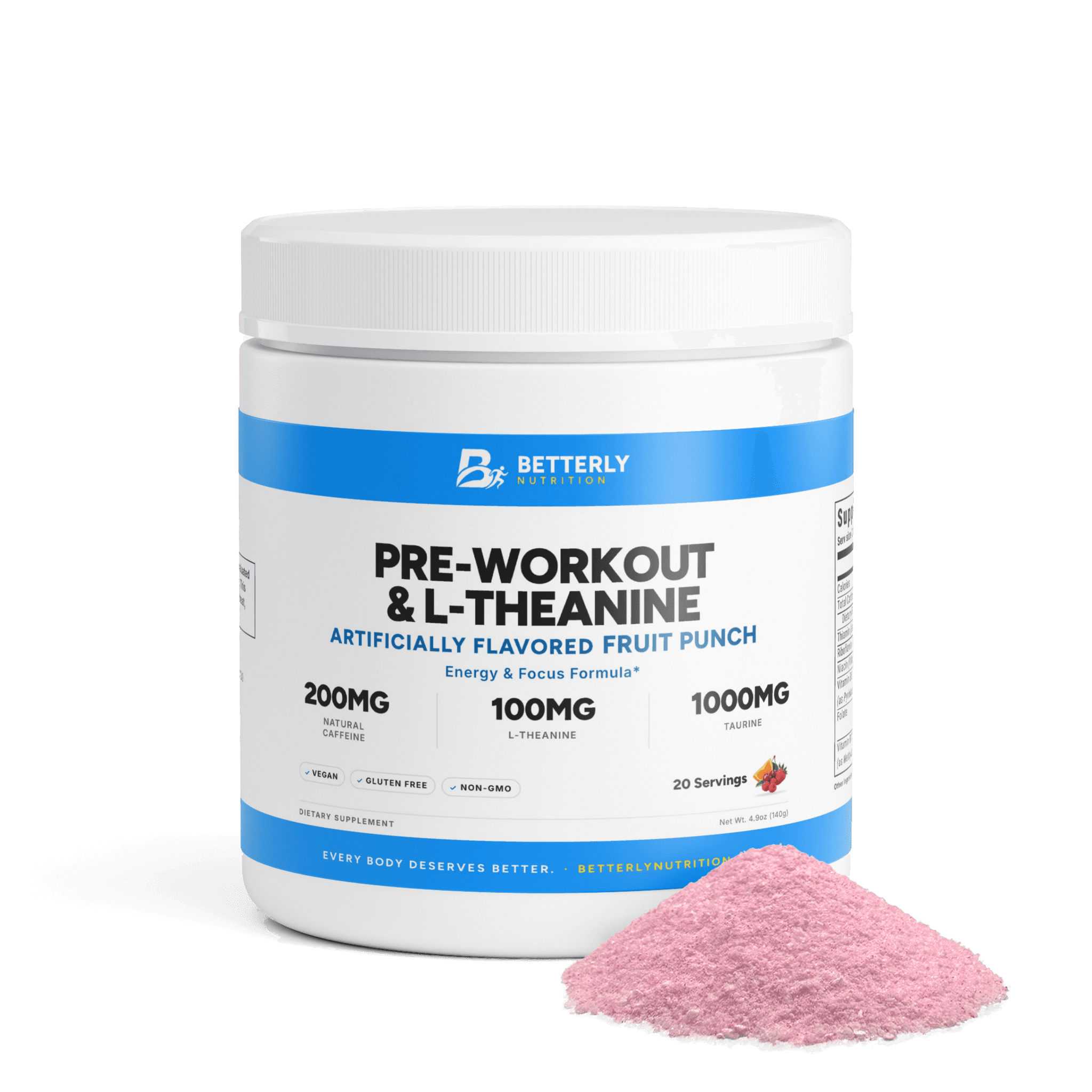 Pre-Workout Caffeine & L-Theanine Energy Powder — Fruit Punch, front label with the contents beside it