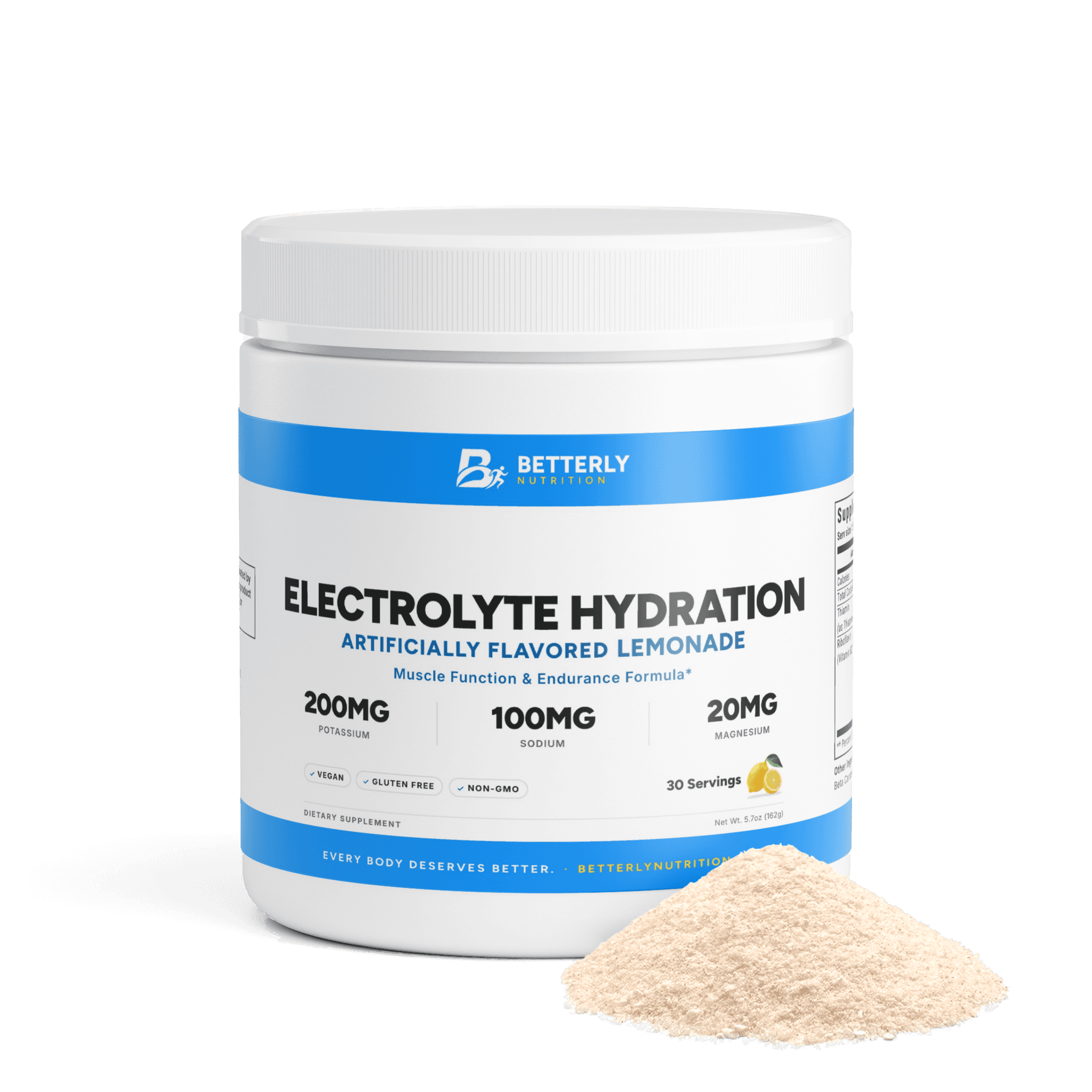 Electrolyte Hydration Powder — Lemonade, front label with the contents beside it