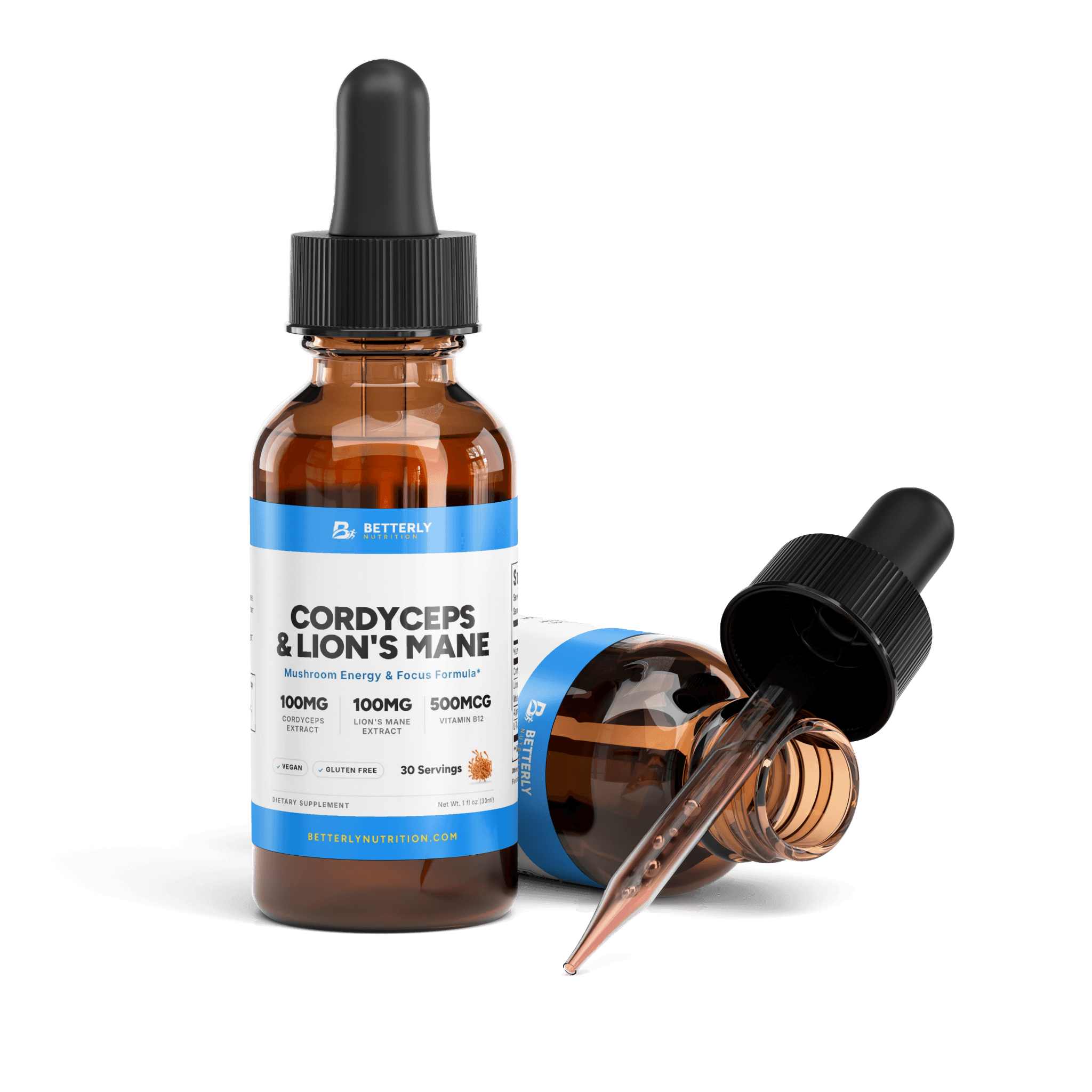 Cordyceps & Lion's Mane Energy Drops, opened to show the contents