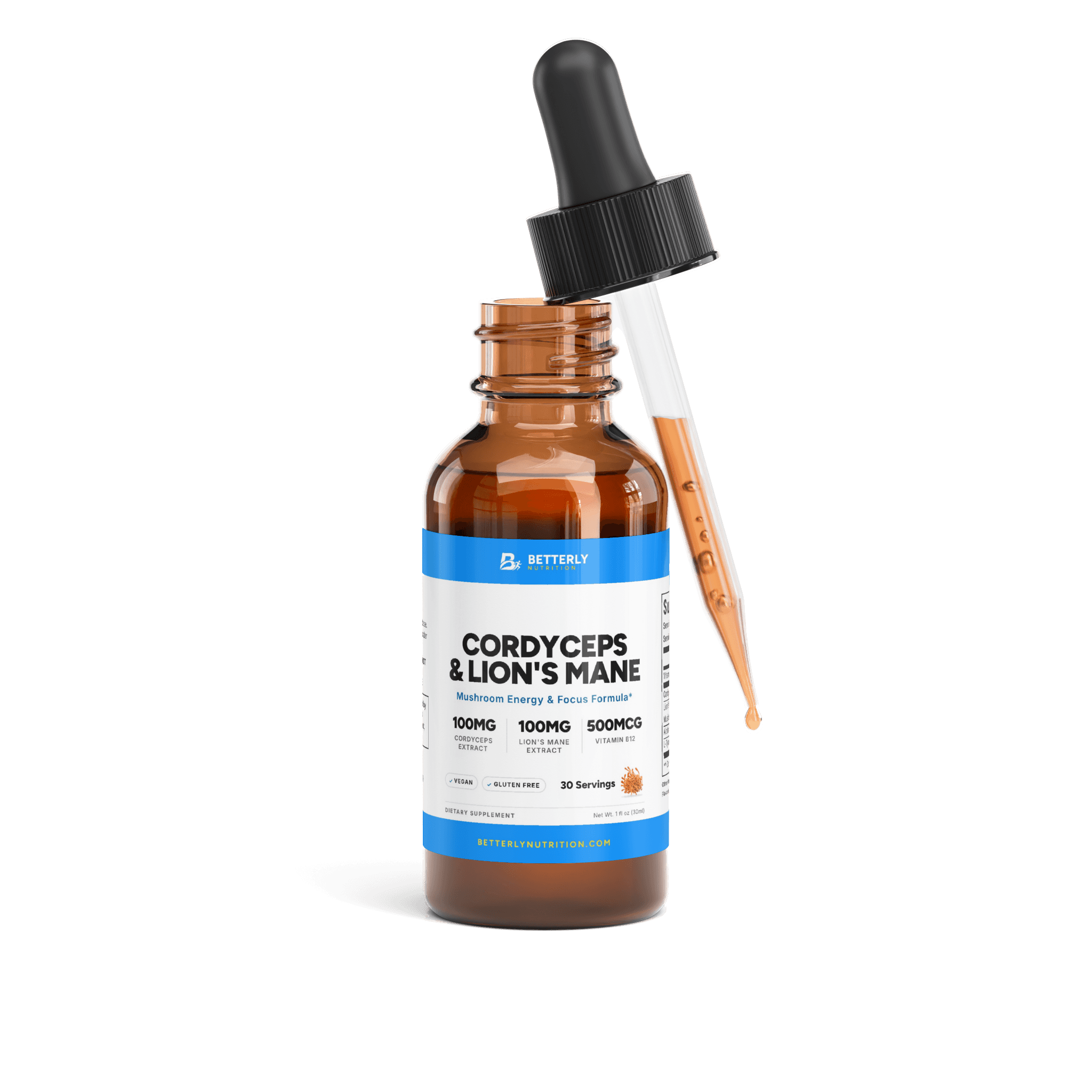 Cordyceps & Lion's Mane Energy Drops, front label with the contents beside it