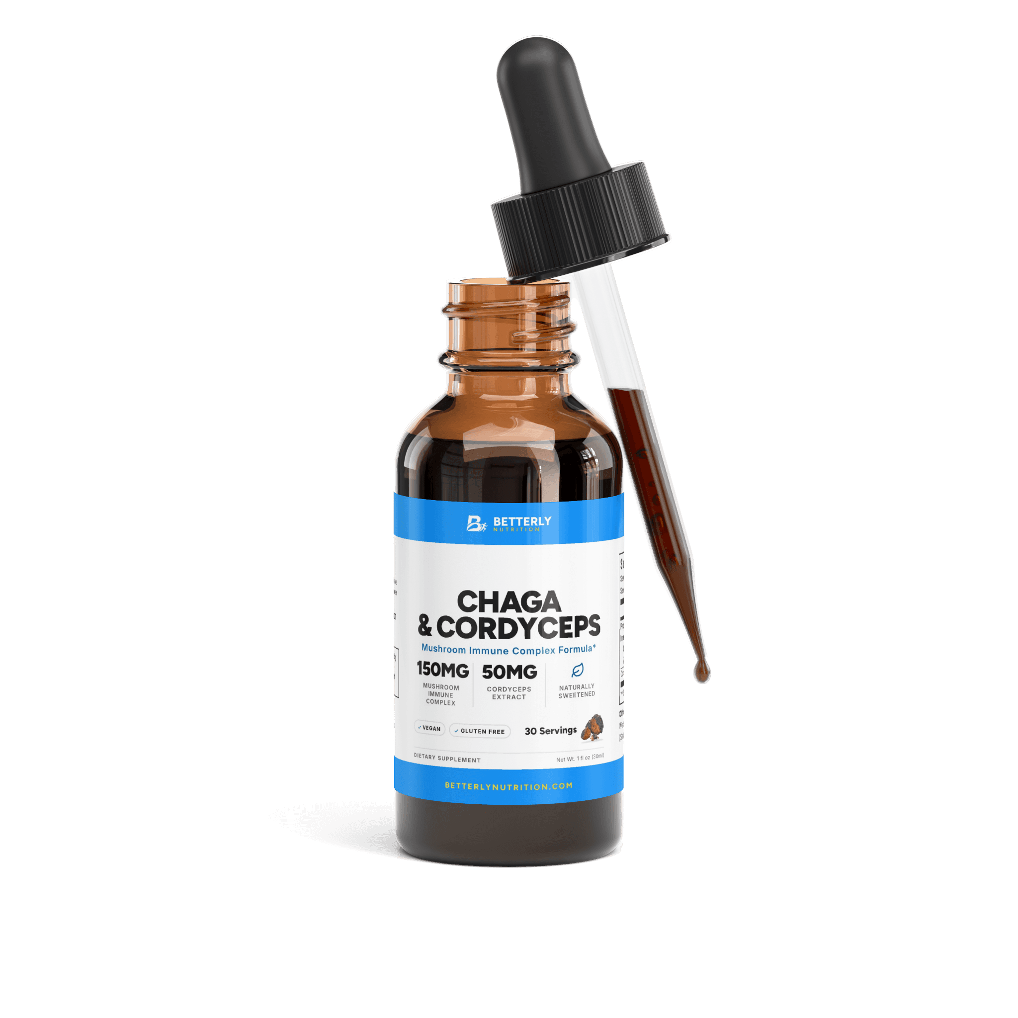 Chaga & Cordyceps Mushroom Drops, front label with the contents beside it