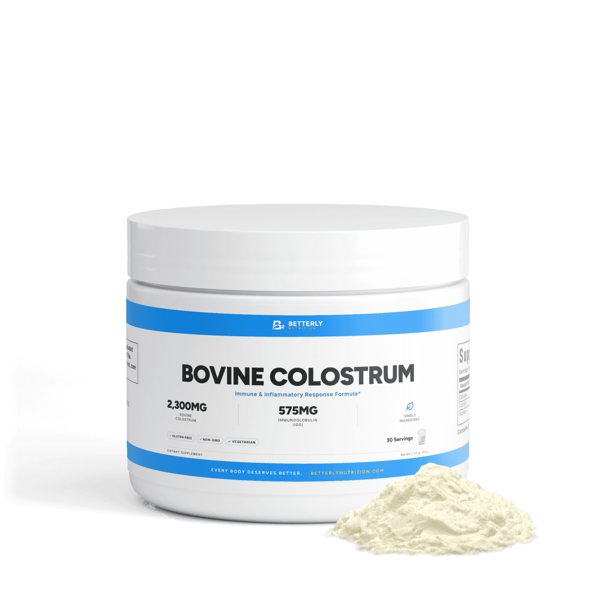 2,300mg Bovine Colostrum Powder, front label with the contents beside it