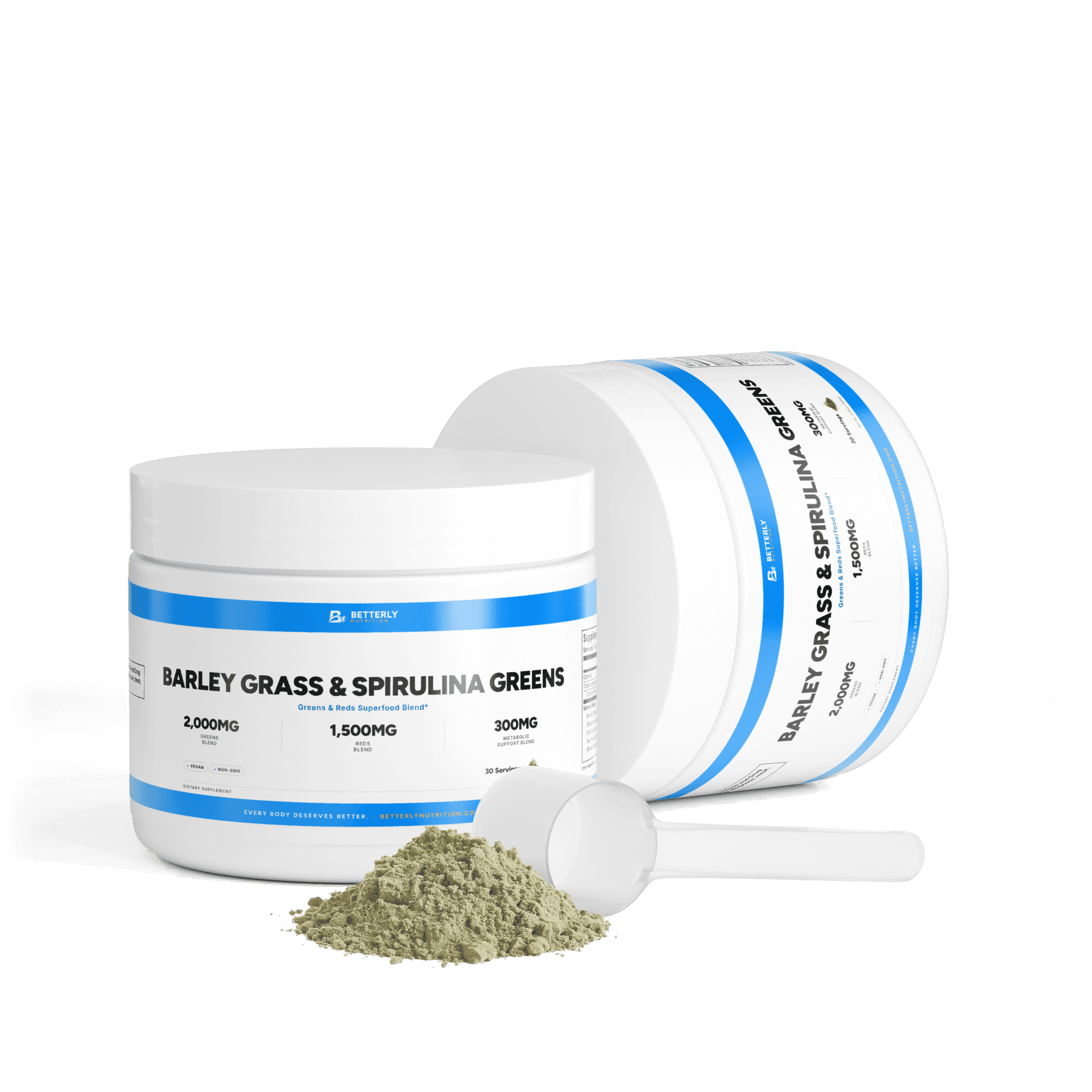 Barley Grass & Spirulina Greens Powder, opened to show the contents