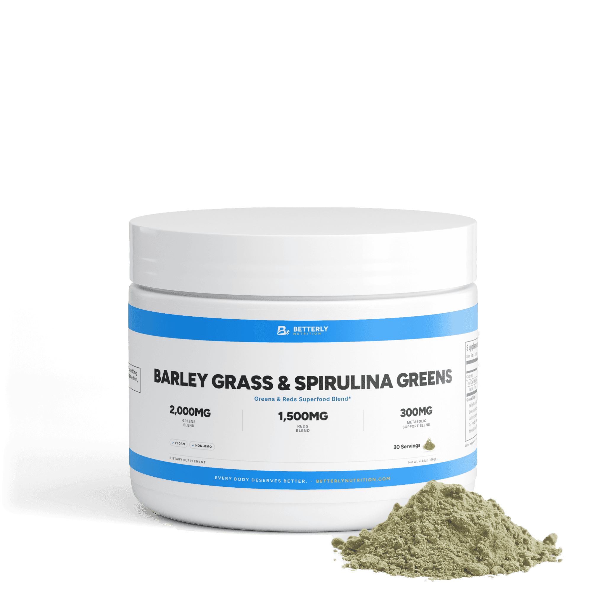Barley Grass & Spirulina Greens Powder, front label with the contents beside it