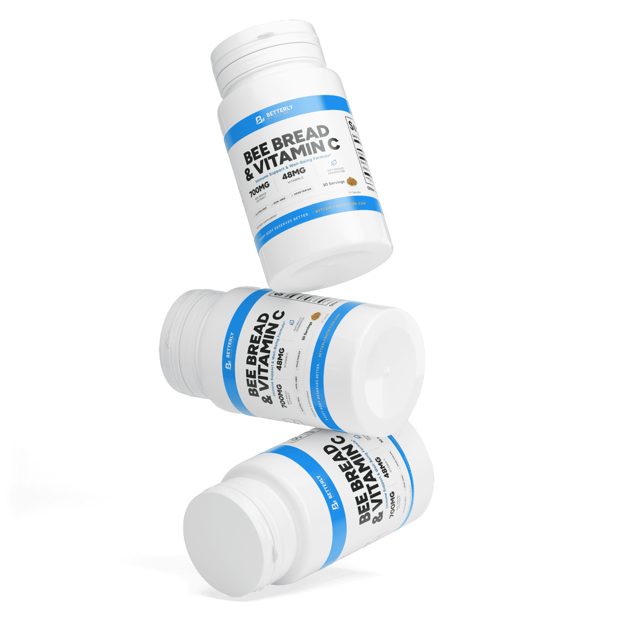 Bee Bread & Vitamin C Capsules, stacked containers