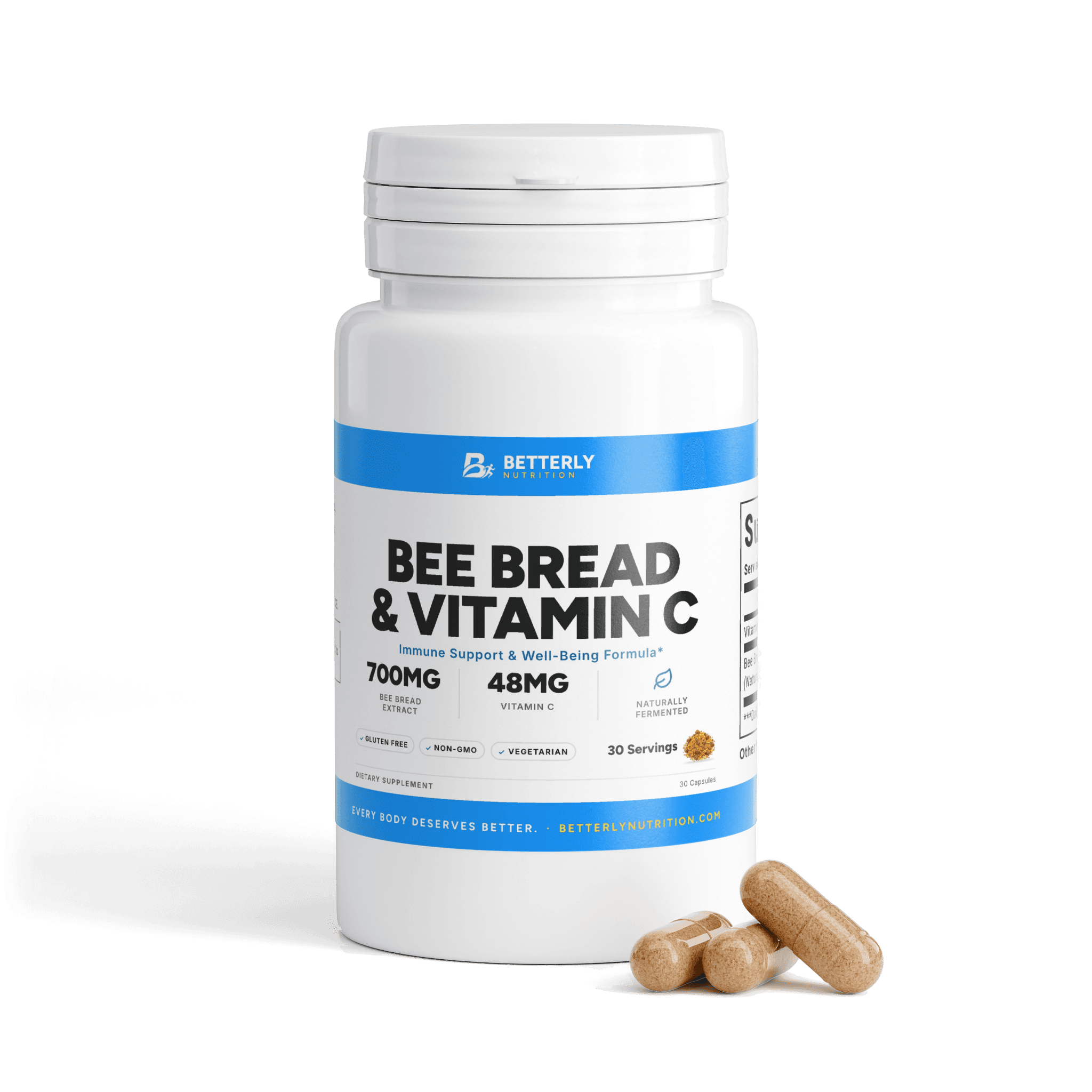 Bee Bread & Vitamin C Capsules, front label with the contents beside it