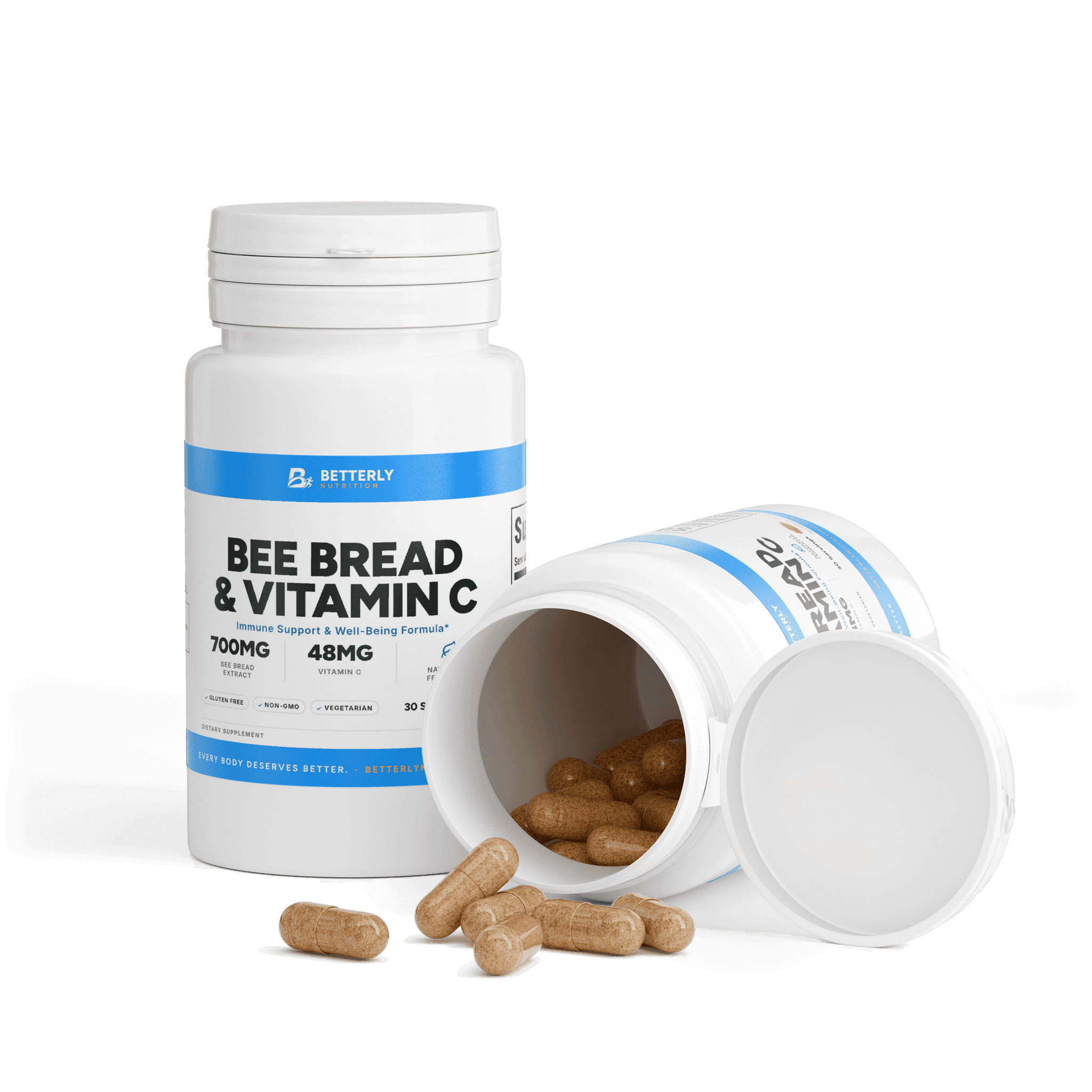 Bee Bread & Vitamin C Capsules, opened to show the contents
