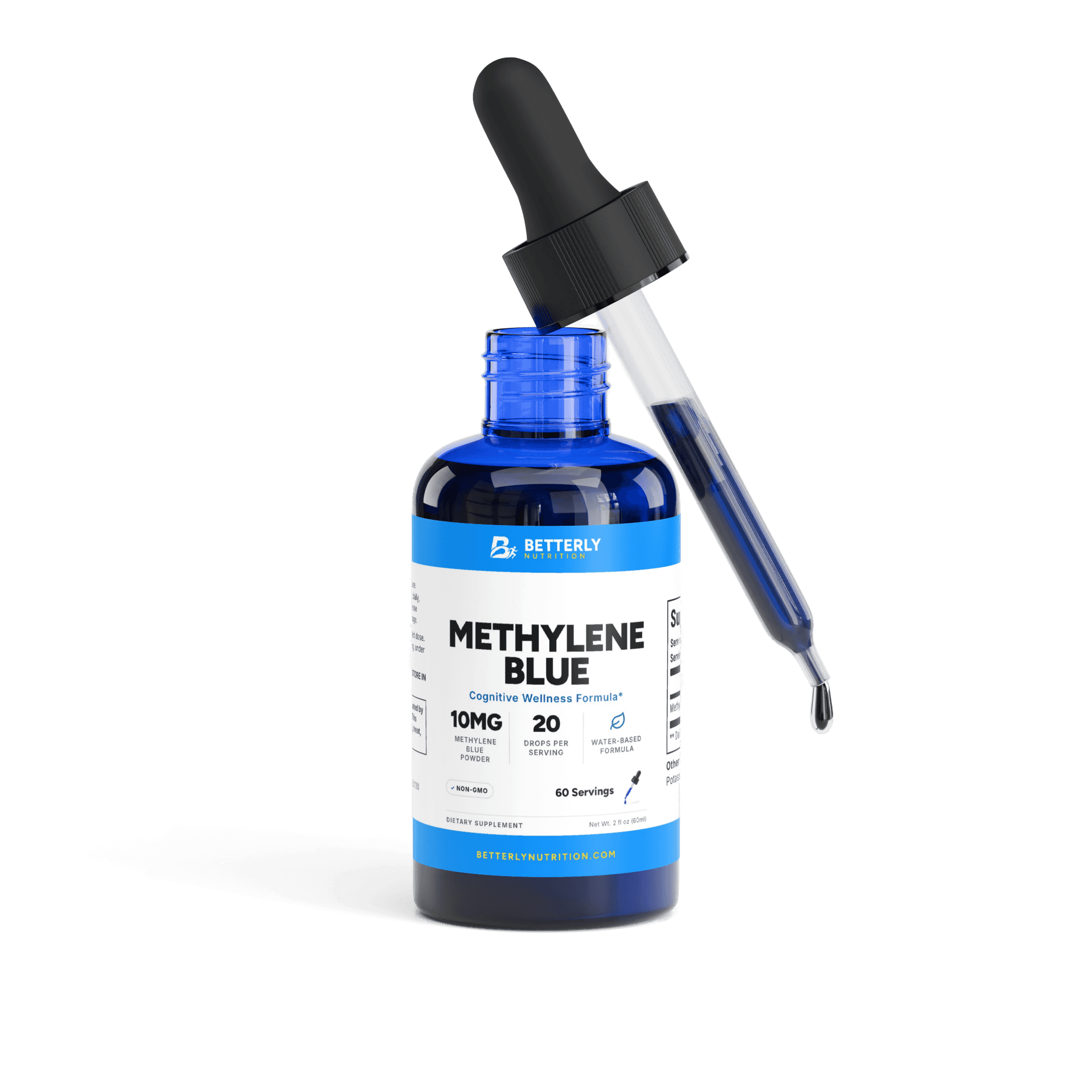 10mg Methylene Blue Drops, front label with the contents beside it