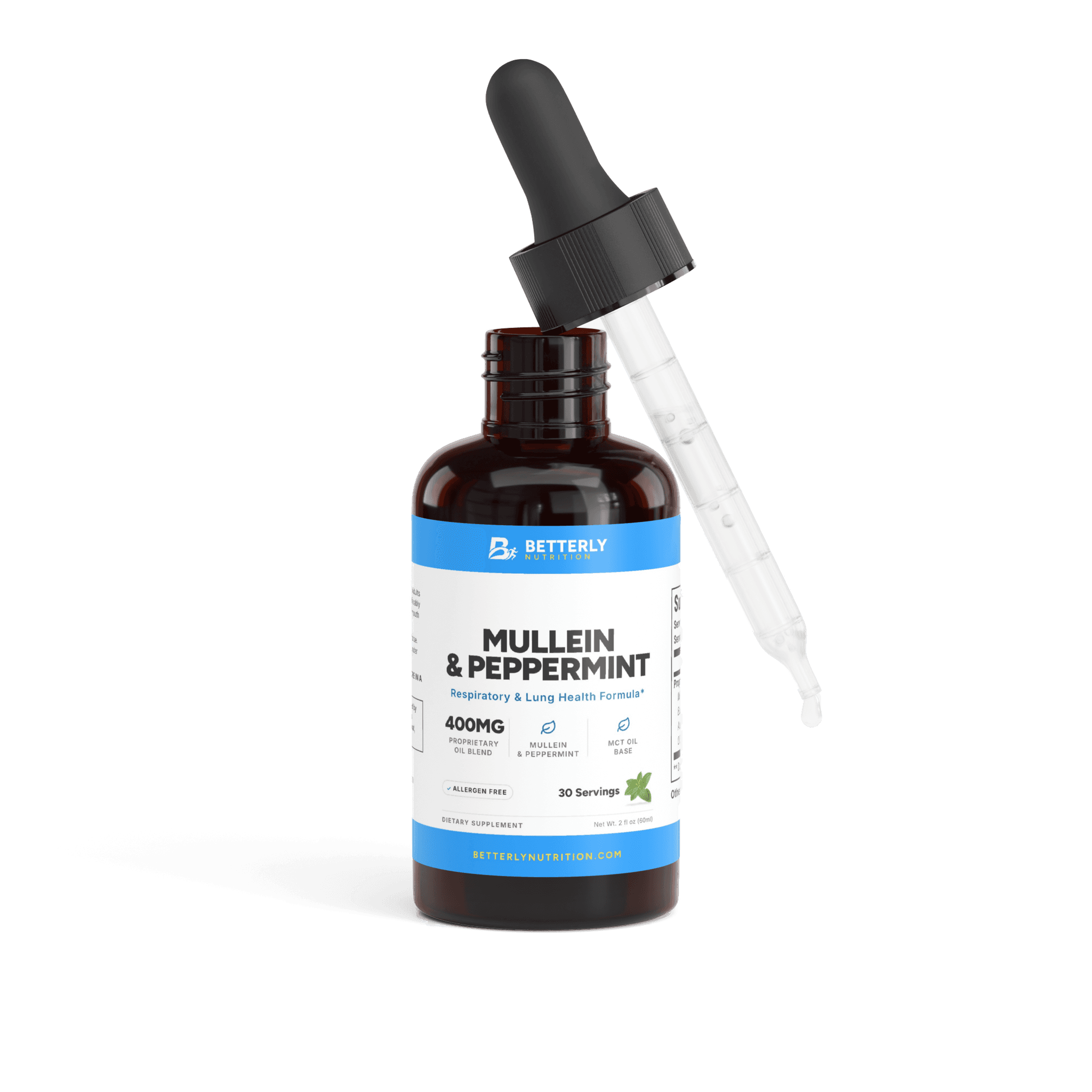 Mullein & Peppermint Oil Drops, front label with the contents beside it